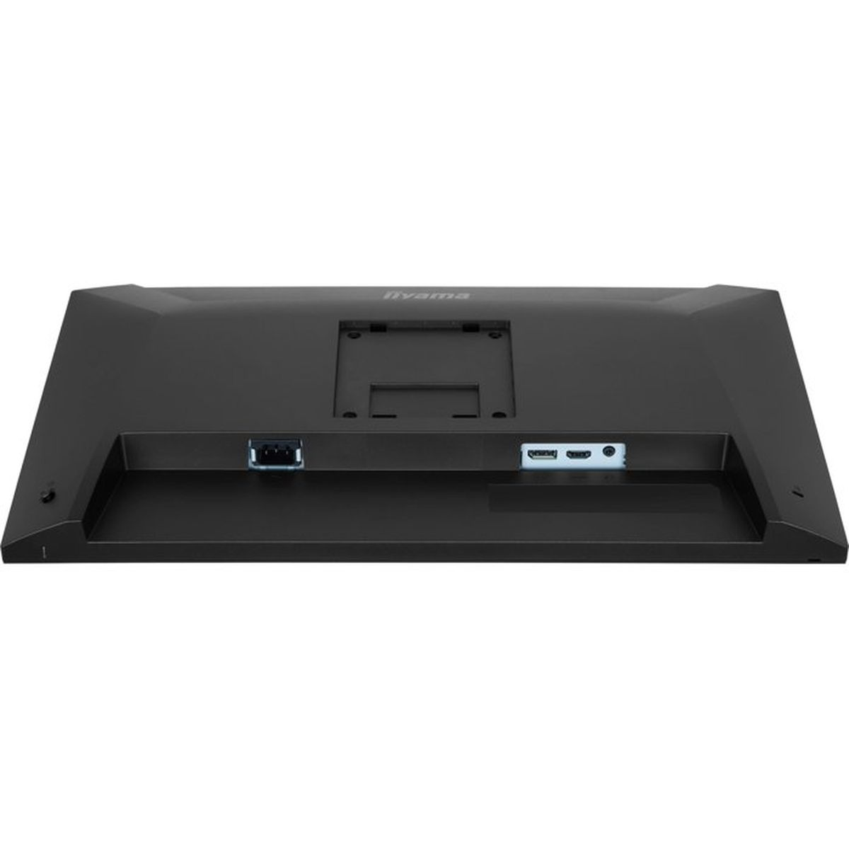 Rückseite eines schwarzen Monitors mit Anschlüssen: USB, HDMI und Audio.