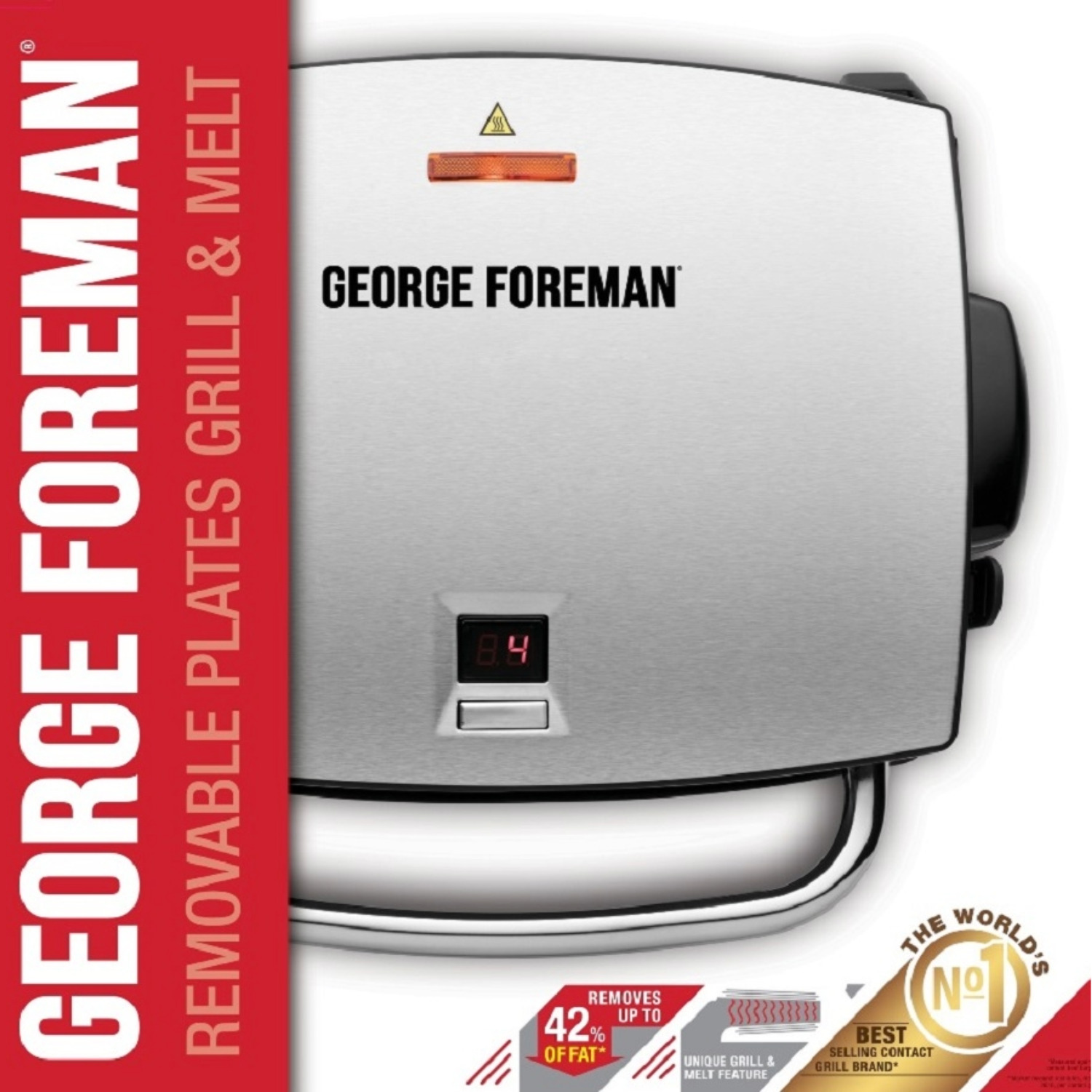 Silberner George Foreman Grill mit digitaler Anzeige, der 42 % Fett entfernt.
