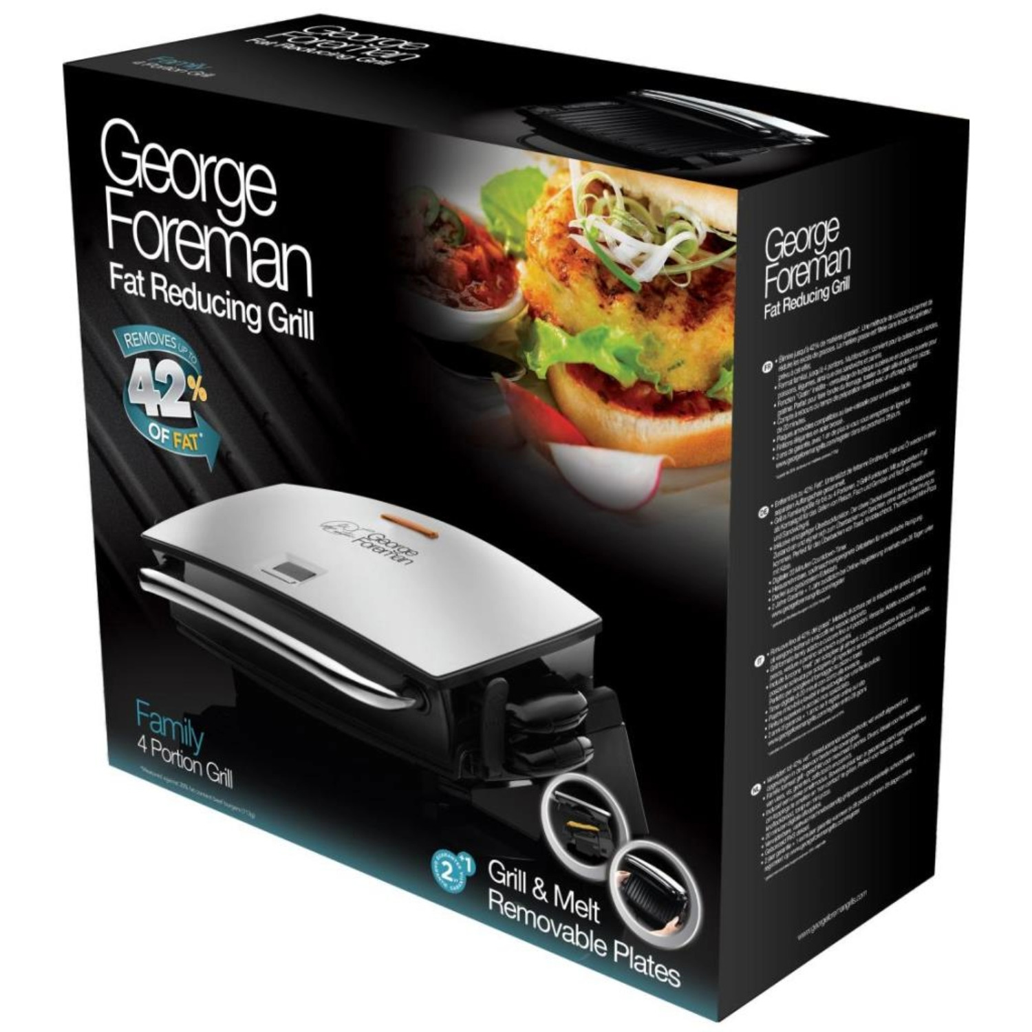 Verpackung eines George Foreman Fettreduktionsgrills mit einem Bild eines Burgers.