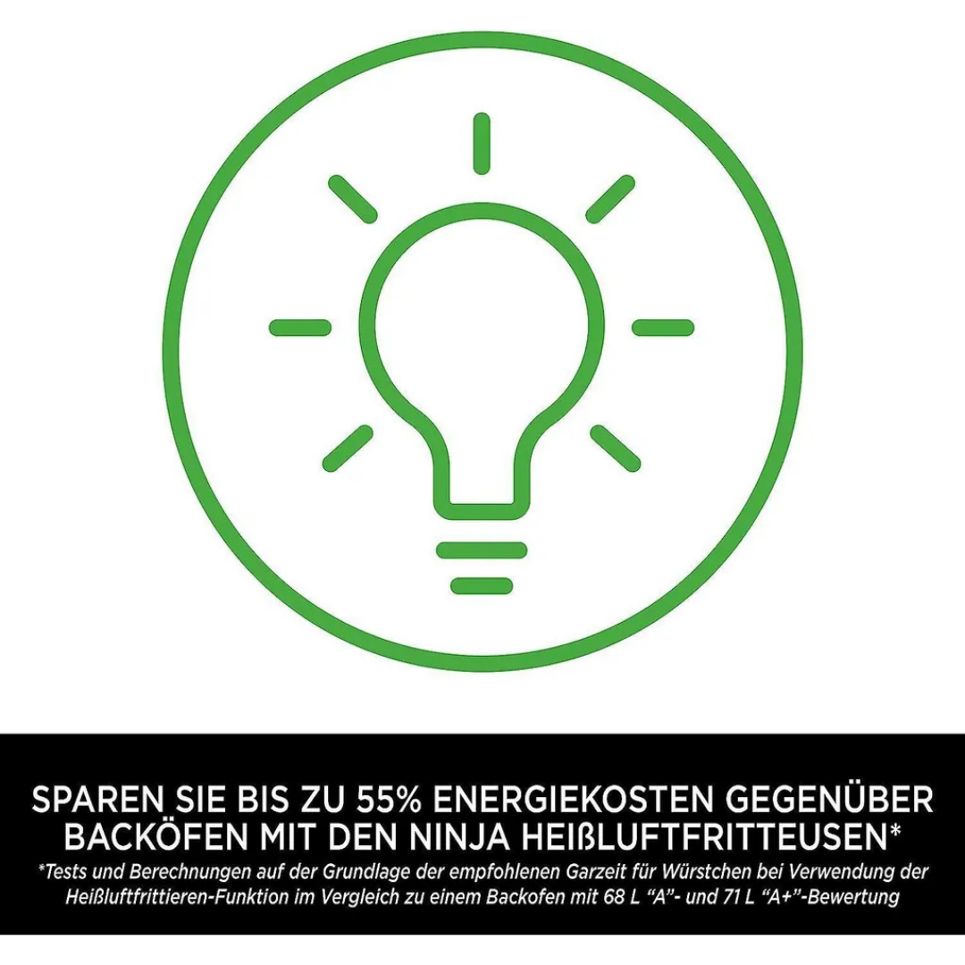 Grünes Glühbirnensymbol mit Strahlen in einem Kreis, über Text zu Energieeinsparungen.