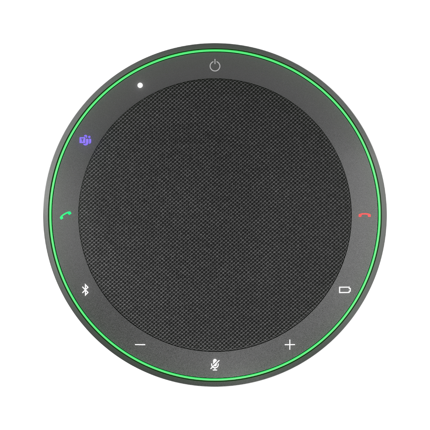 Ein runder, schwarzer Lautsprecher mit grünem LED-Ring und Symbolen für Strom, Teams, Anruf, Bluetooth, Lautstärke und Stummschaltung.