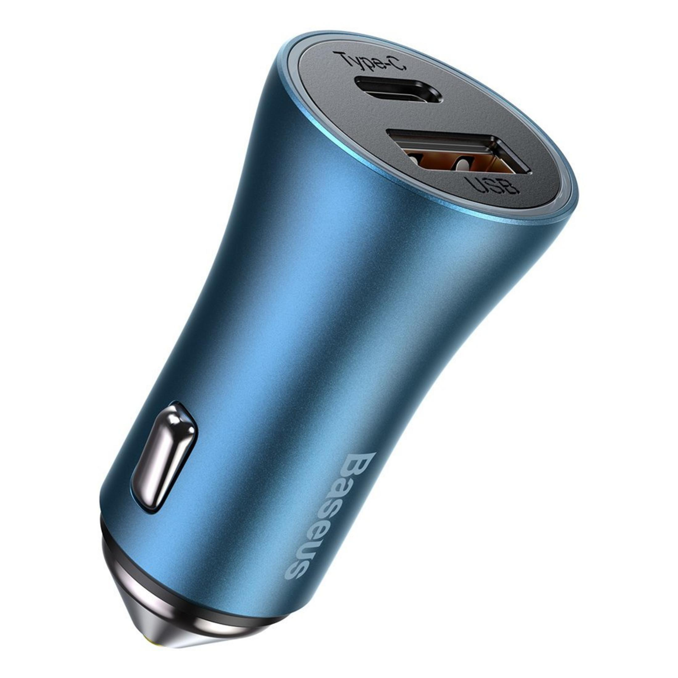 Un caricabatterie per auto blu con porte USB e Type-C.