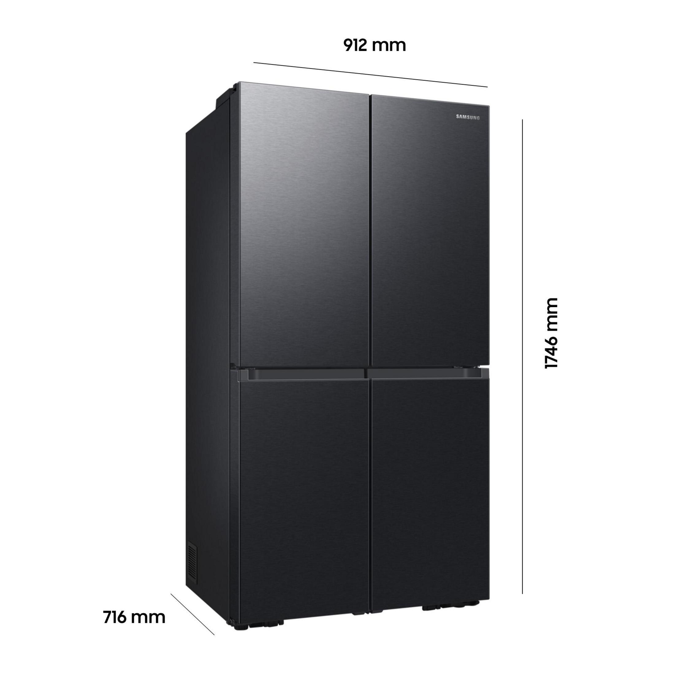 Frigorifero Samsung nero a quattro porte, dimensioni 912x1746x716 mm.