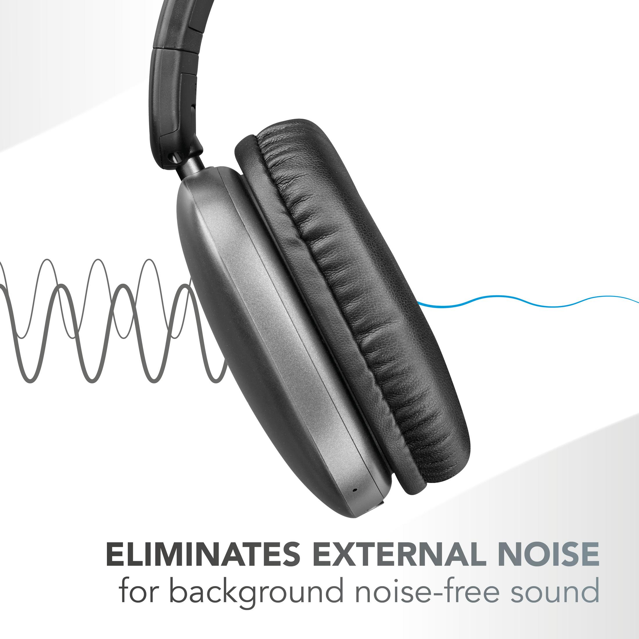 Auriculares negros con almohadillas de cuero, contra ondas sonoras gráficas.