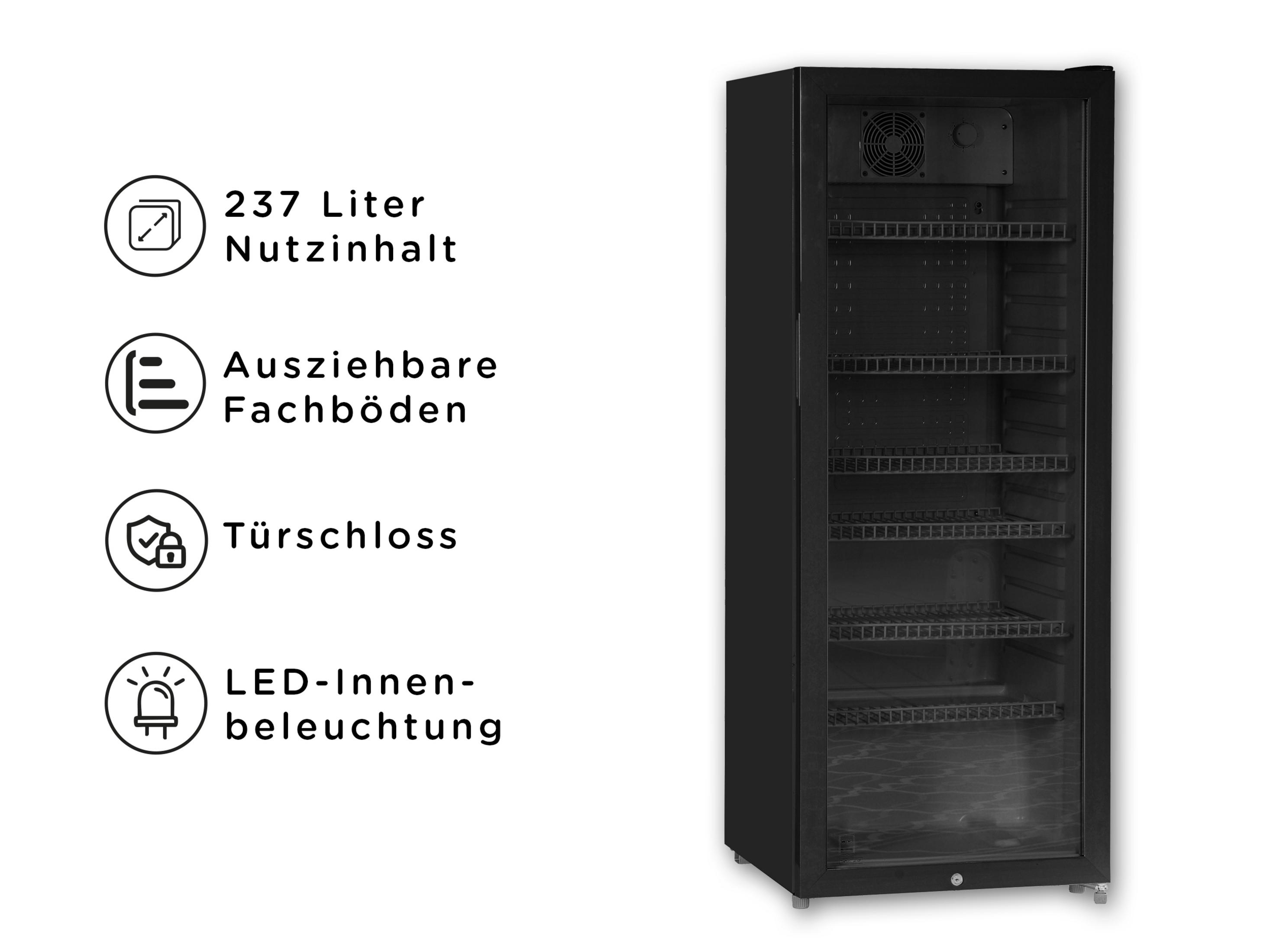 Schwarzer Kühlschrank mit Glastür, 237 L, Fachböden, Türschloss, LED-Beleuchtung.