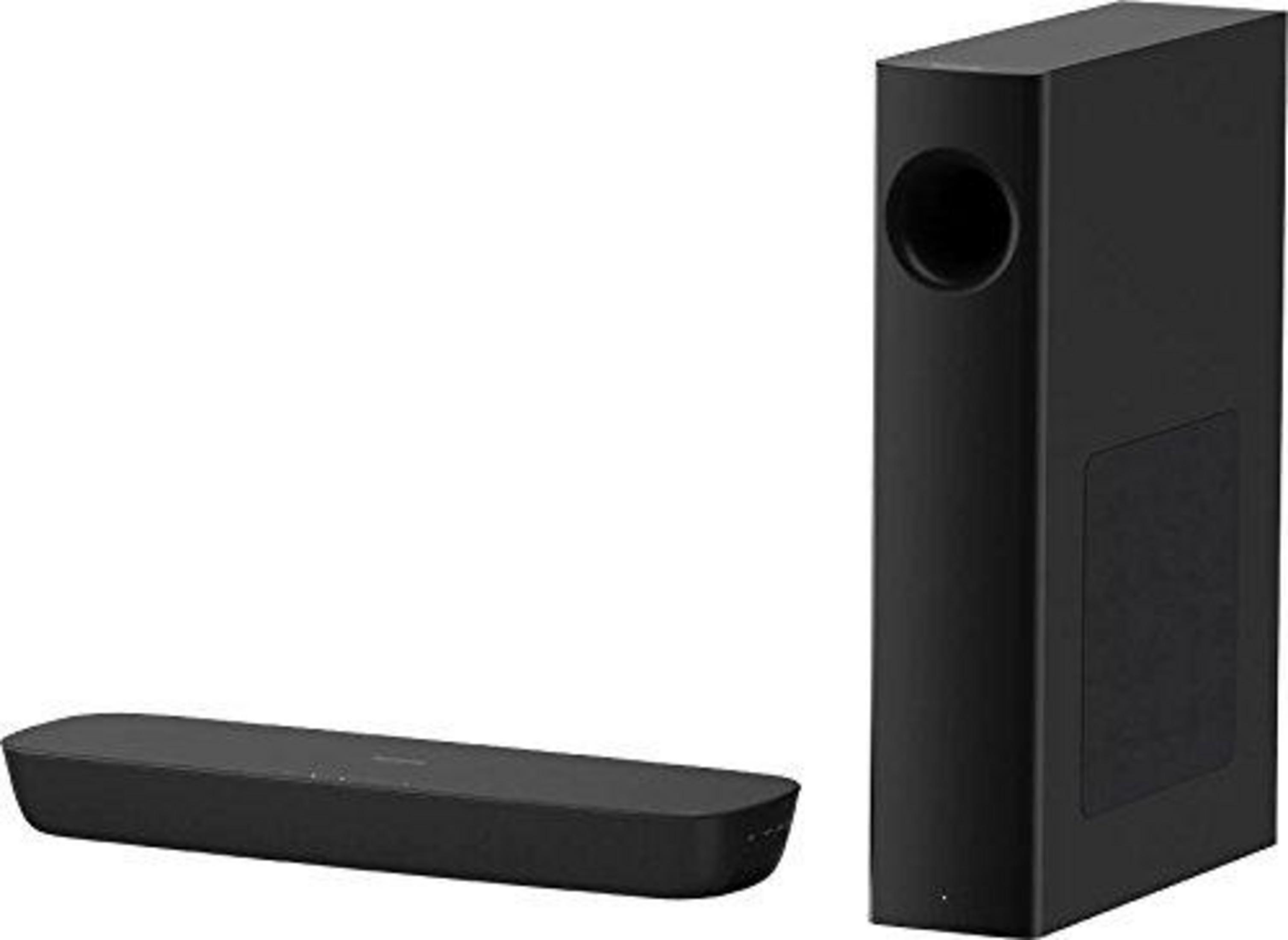 Ein schwarzer Soundbar und ein schwarzer Subwoofer auf weißem Hintergrund.