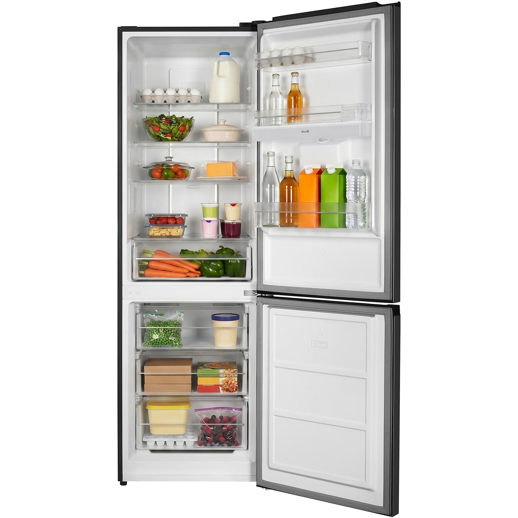 An open refrigerator stocked with food: eggs, salad, tomatoes, carrots, berries, milk.