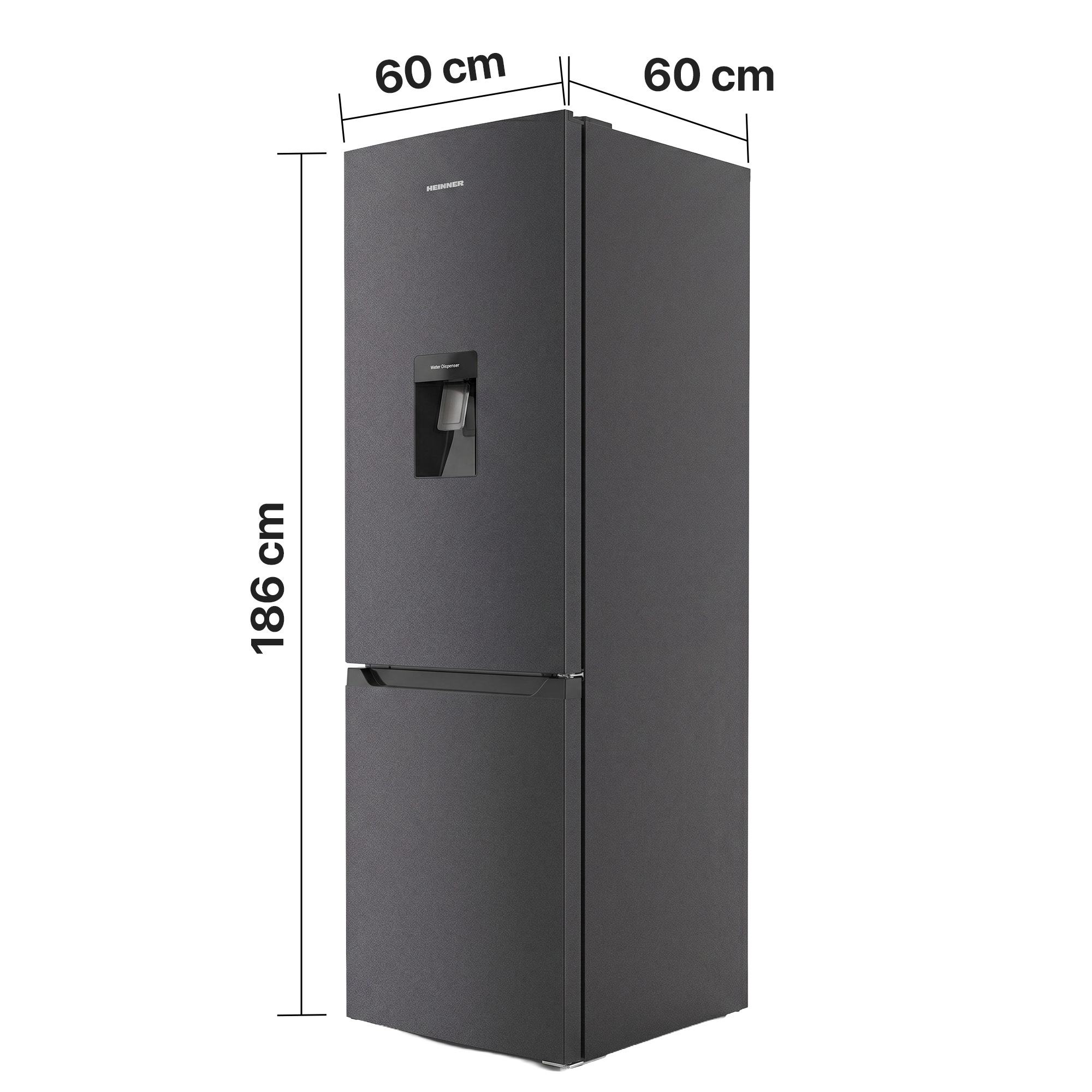 Dark grey refrigerator with water dispenser, 186 cm tall, 60 cm wide.