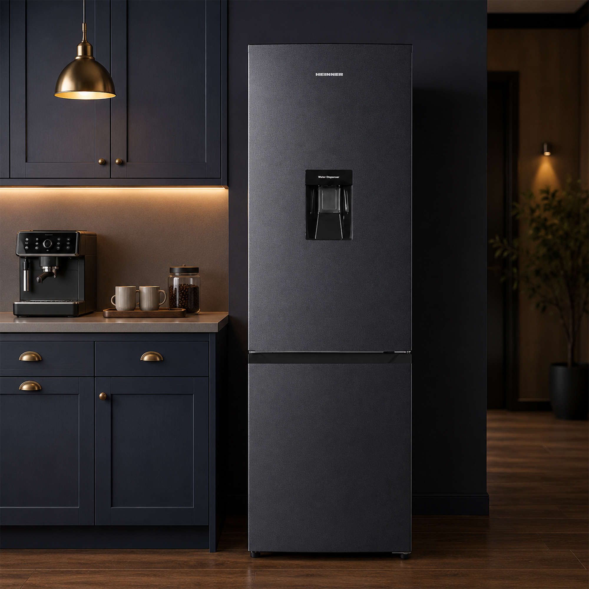 A dark refrigerator with a water dispenser stands beside dark kitchen cabinets.