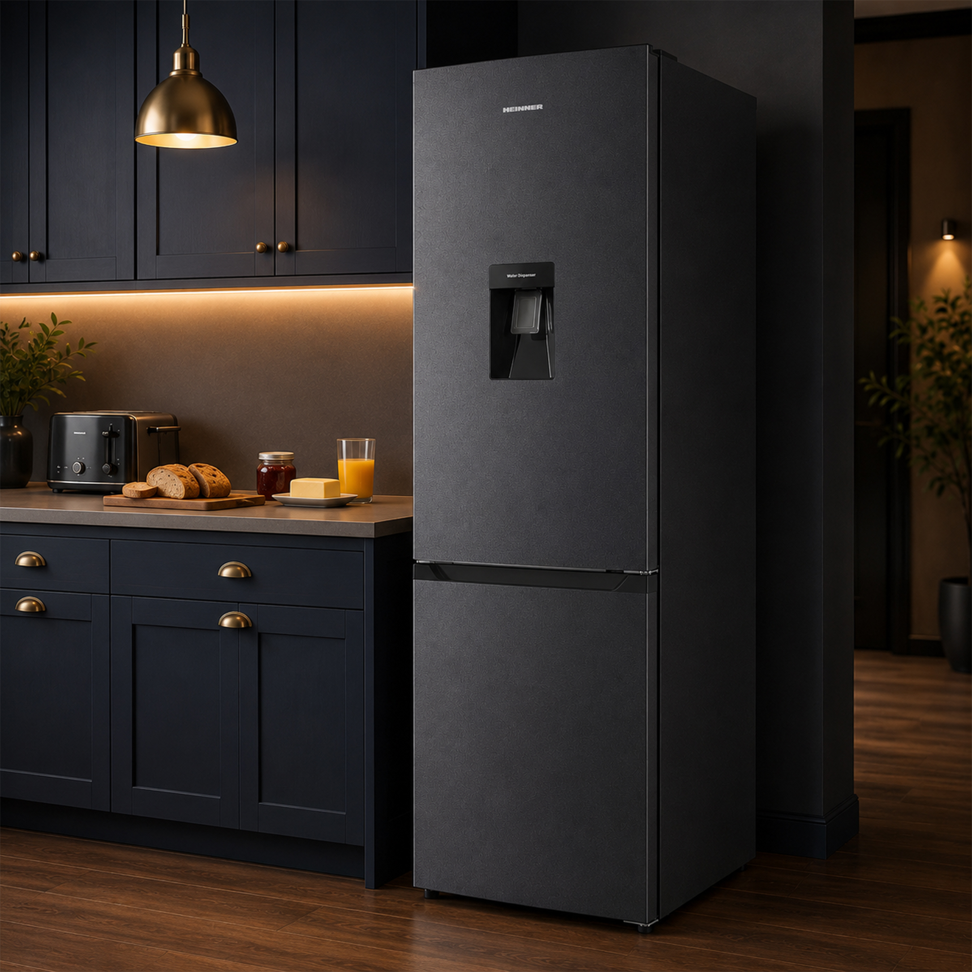 A dark kitchen featuring a black refrigerator, dark cabinets, and wooden flooring.