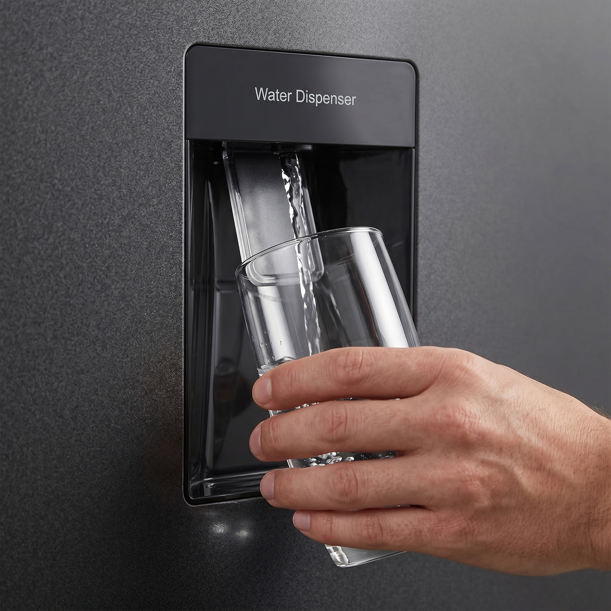 A glass is being filled with water from a dispenser. Water is flowing.