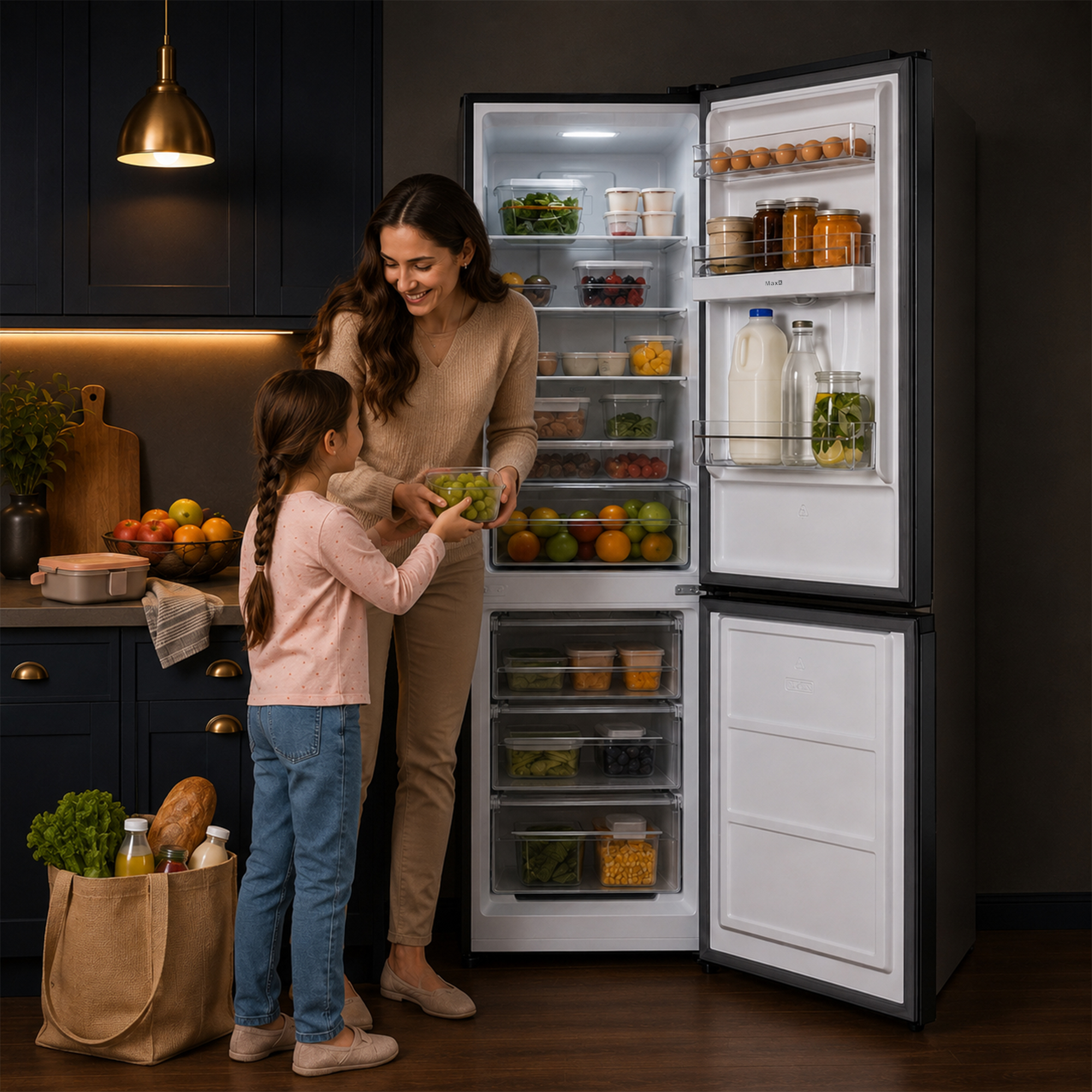 Mère et enfant rangent des provisions dans un réfrigérateur ouvert avec fruits et légumes.