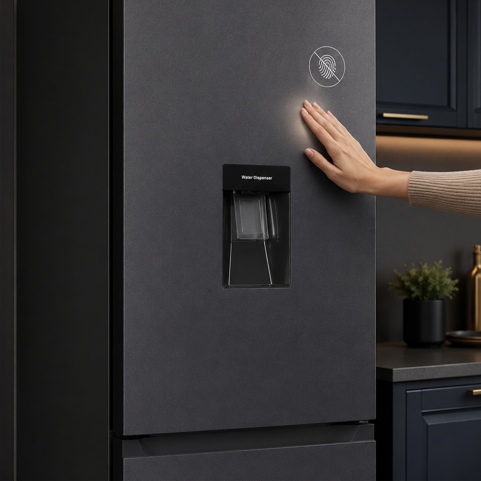 A hand touches a dark refrigerator with a water dispenser.
