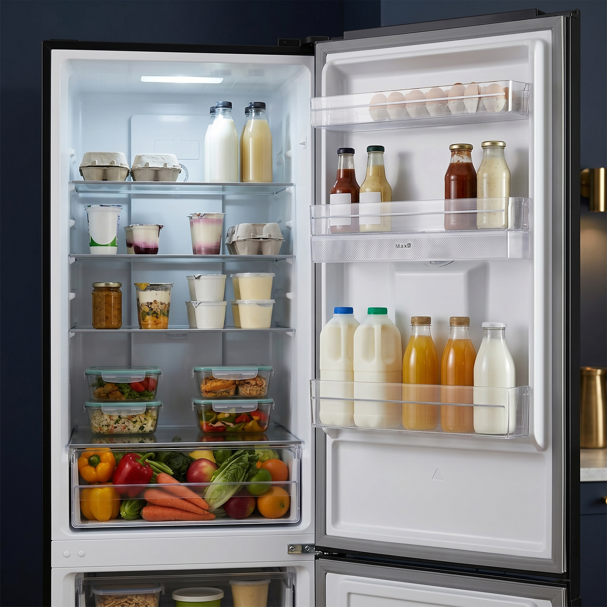 Open refrigerator stocked with food. Bottles of milk, juice, condiments, eggs, yogurt, and produce.