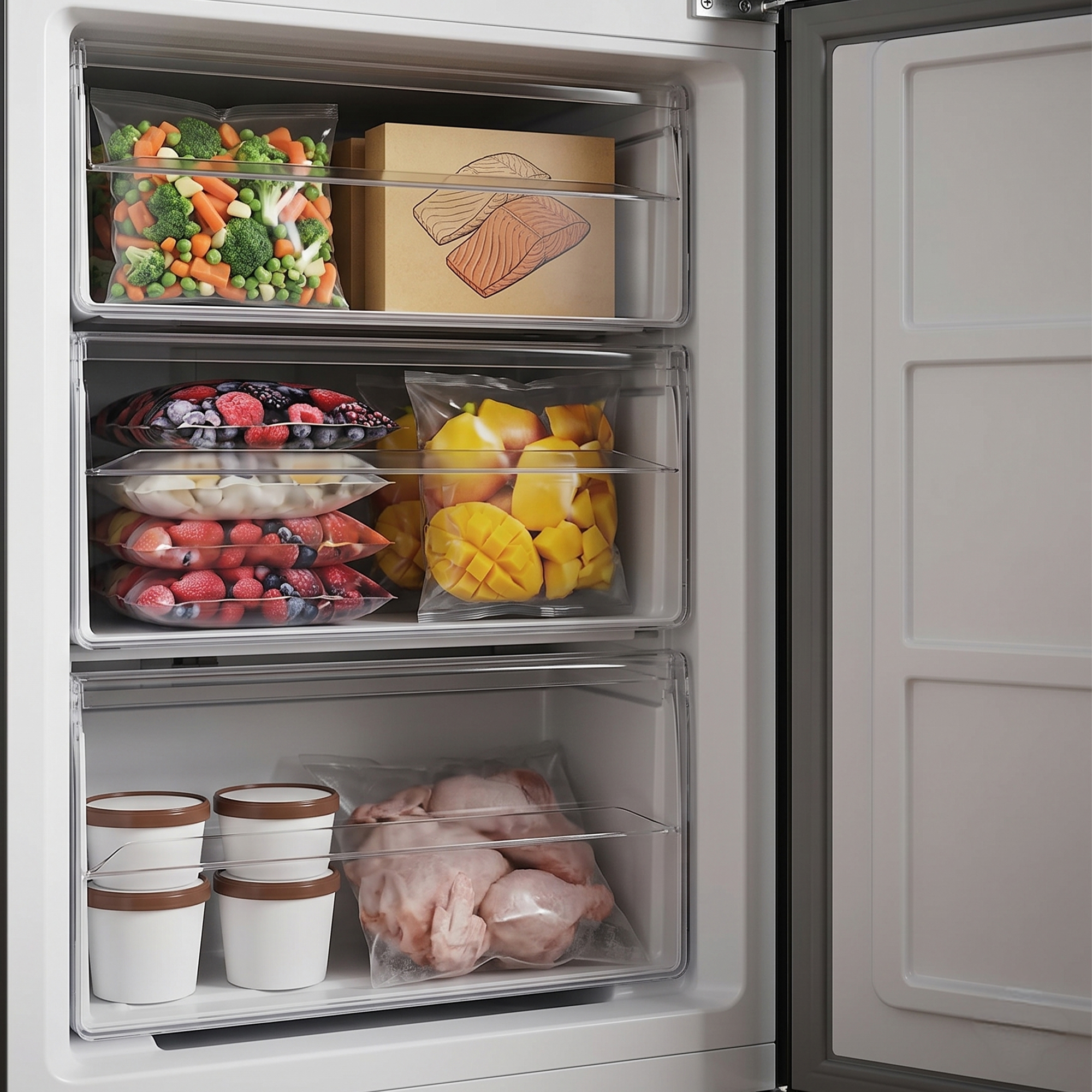 Freezer drawer with frozen vegetables, berries, mango, fish, and chicken.