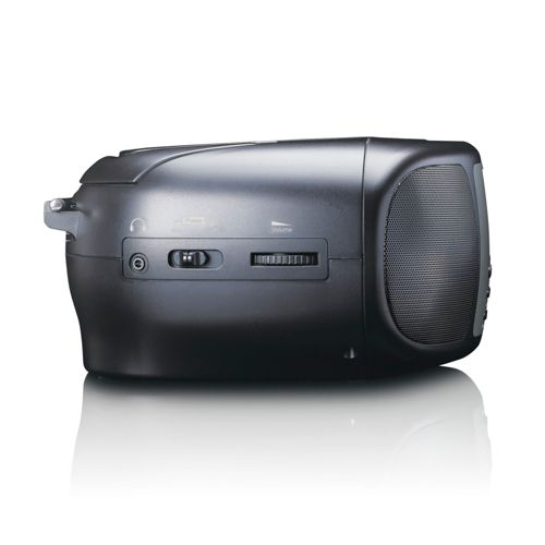 Schwarzer Ghettoblaster mit Lautsprecher, Schalter und Lautstärkeregler.