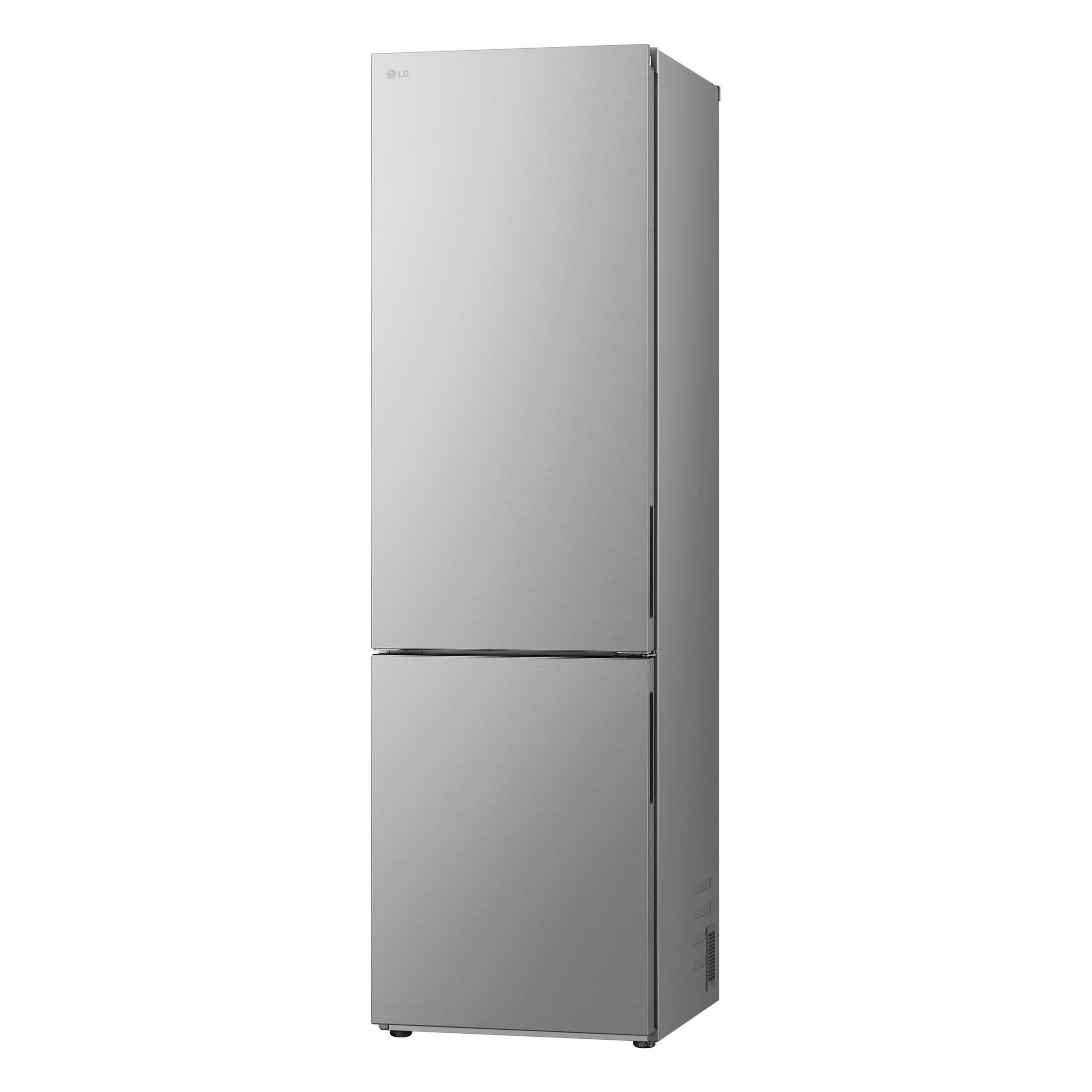 Ein schlanker, silberner LG Kühlschrank mit zwei Türen, oben und unten.