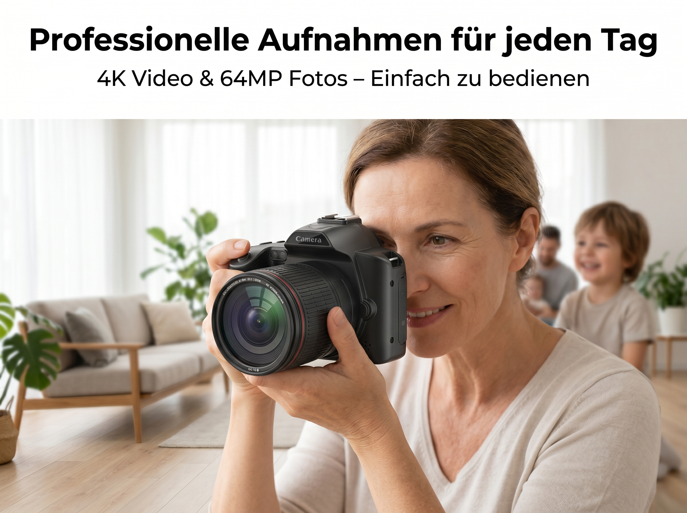 Eine Frau hält eine Kamera, ein Mann und ein Kind im Hintergrund.