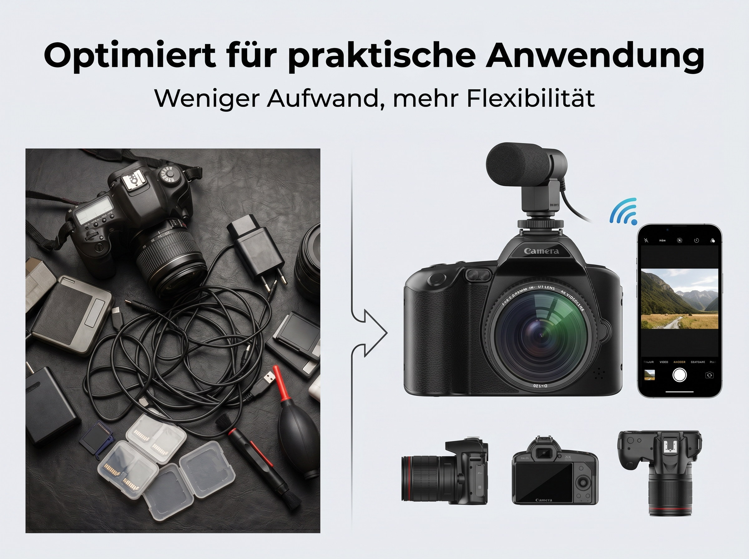 Kameras und Zubehör auf schwarzem Leder, daneben eine Kamera mit Mikrofon, Handy und Kameras.