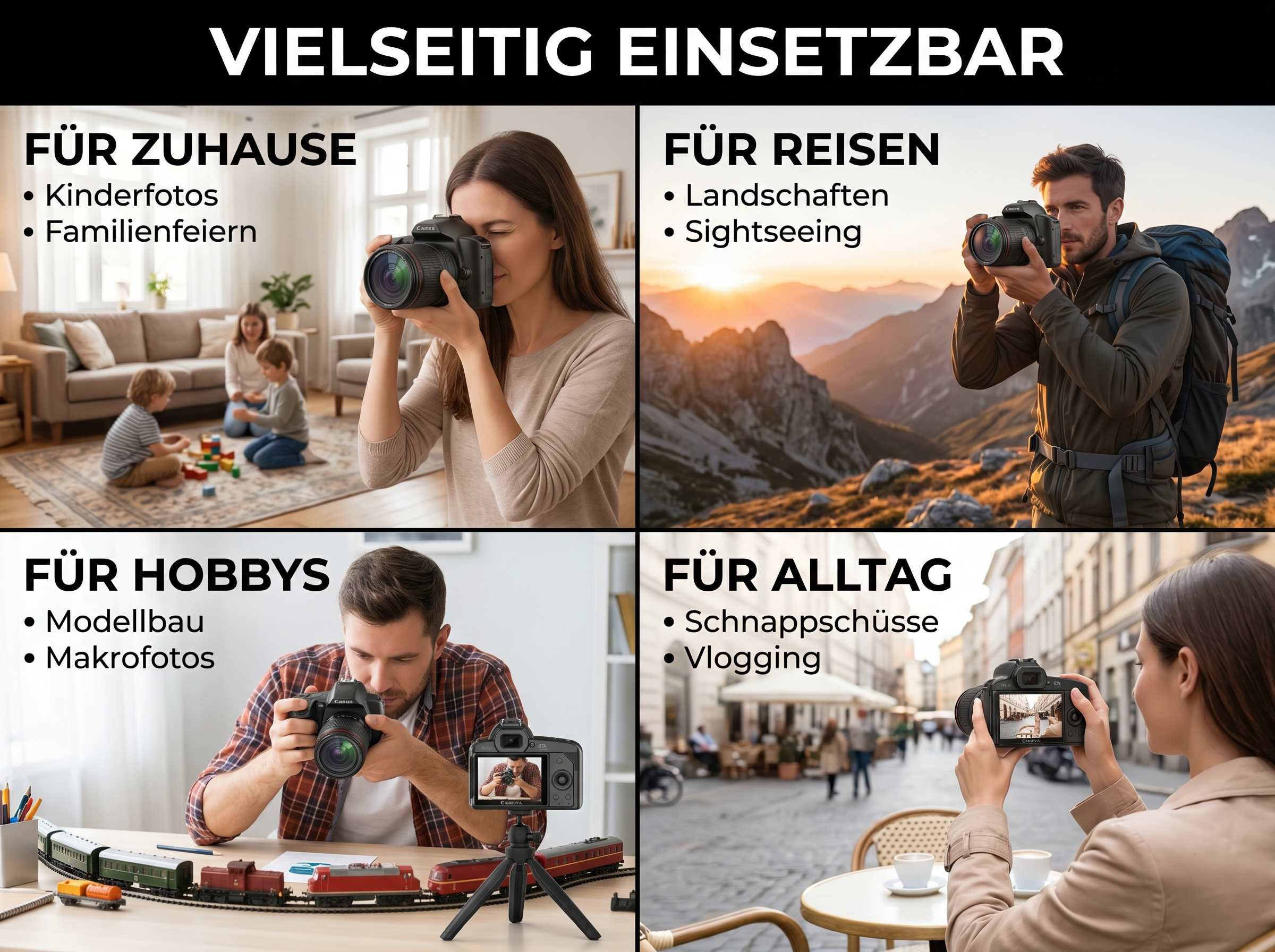 Vier Szenen zeigen Kameras für Zuhause, Reisen, Hobbys und Alltag.