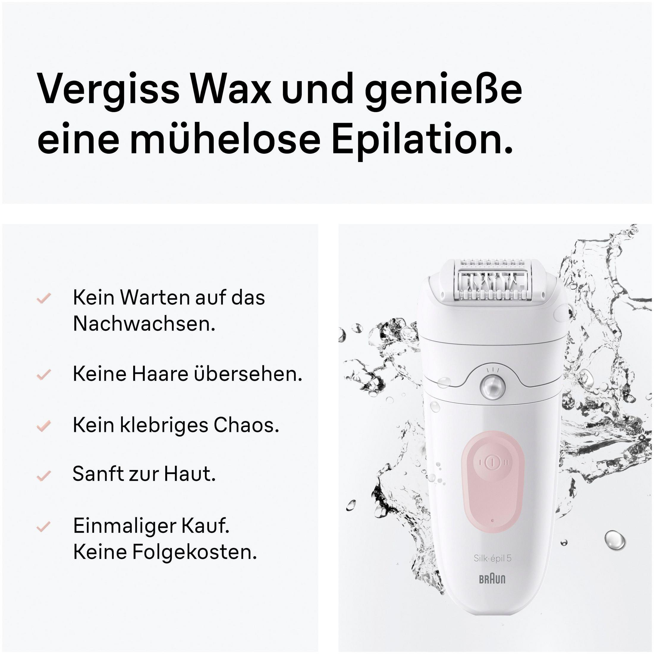 Un epilatore Braun bianco con acqua e testo. Epilazione senza sforzo.