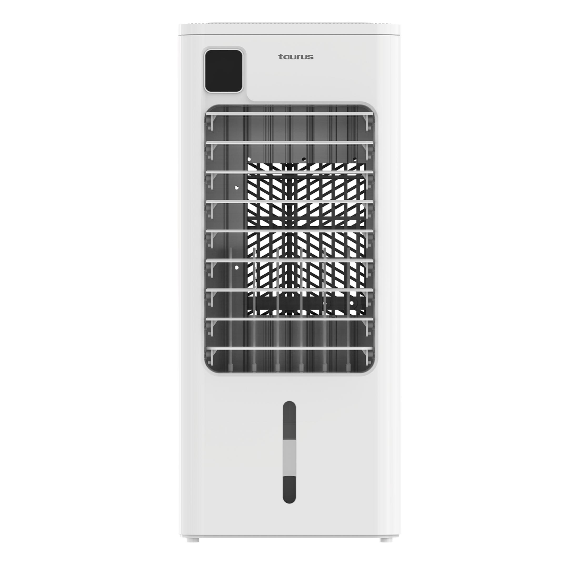 Enfriador de aire blanco Taurus con panel de control negro e indicador de nivel de agua.