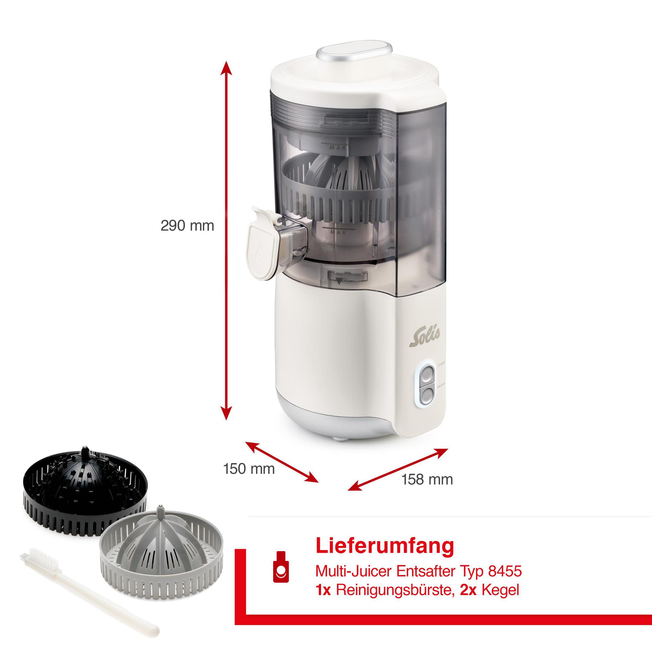 Un spremiagrumi Solis bianco con accessori, dimensioni indicate.