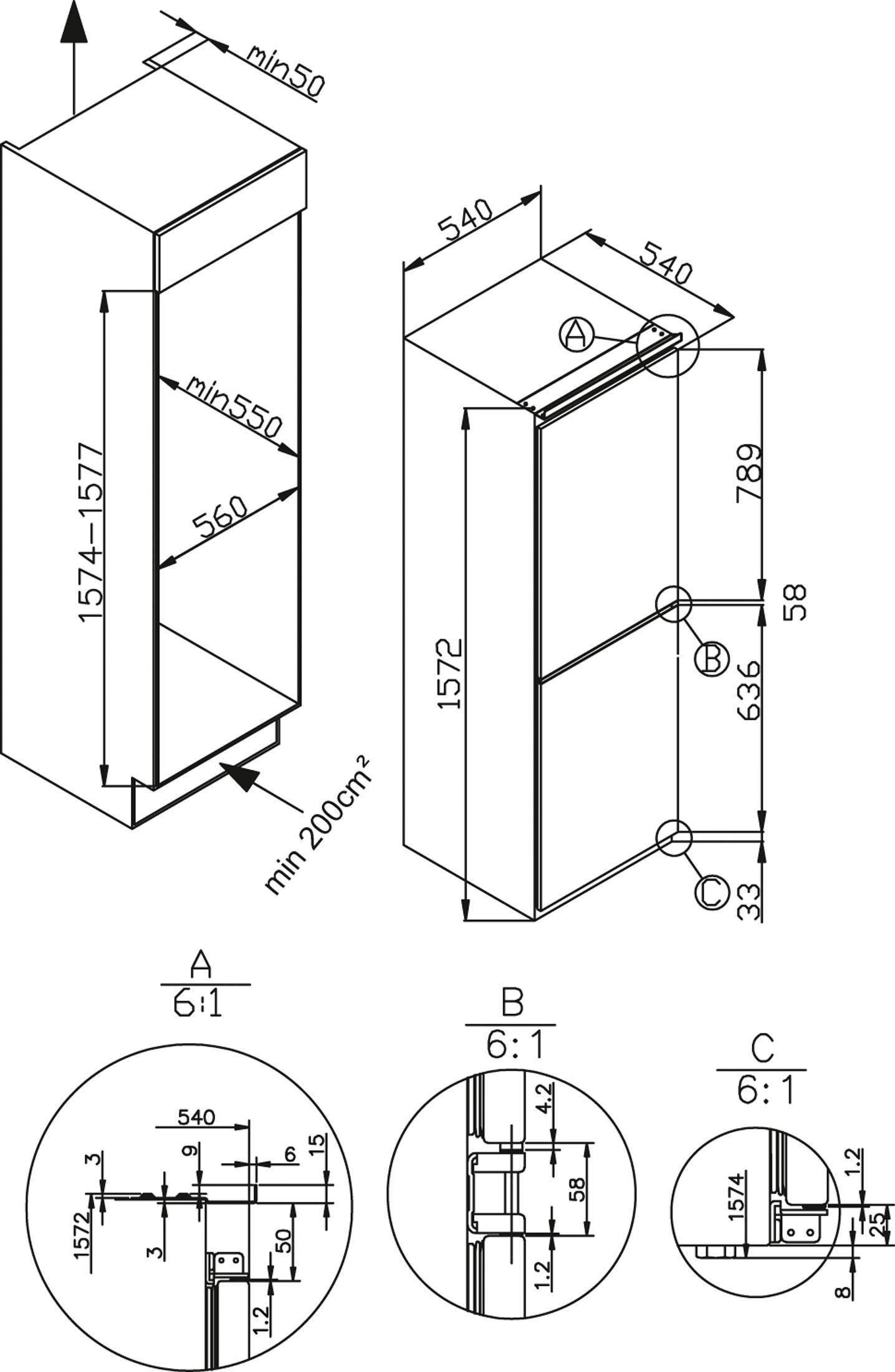 Technische Zeichnung eines Kühlschranks mit Maßen und Details.