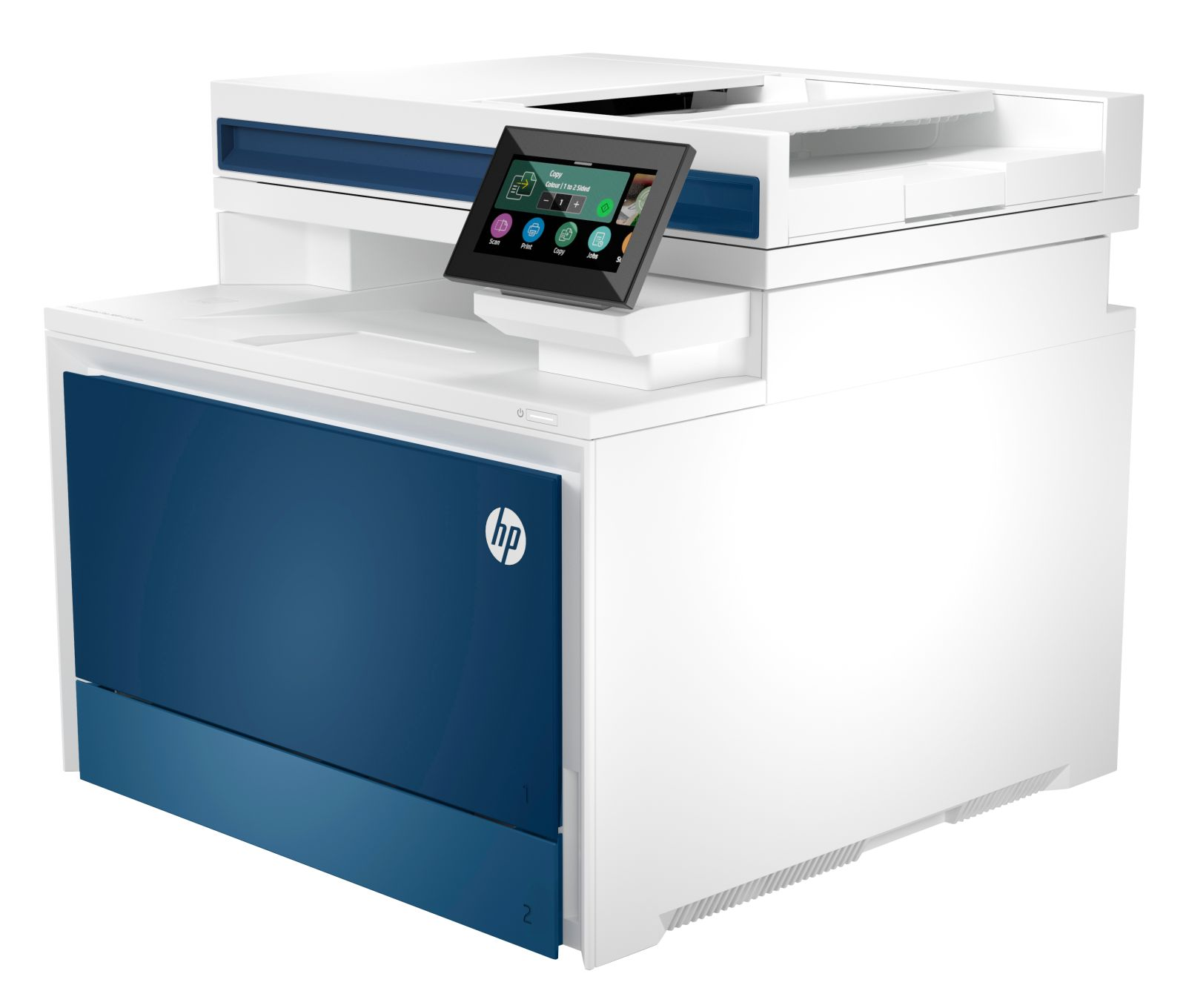 Una impresora HP blanca con compartimento azul y pantalla táctil.