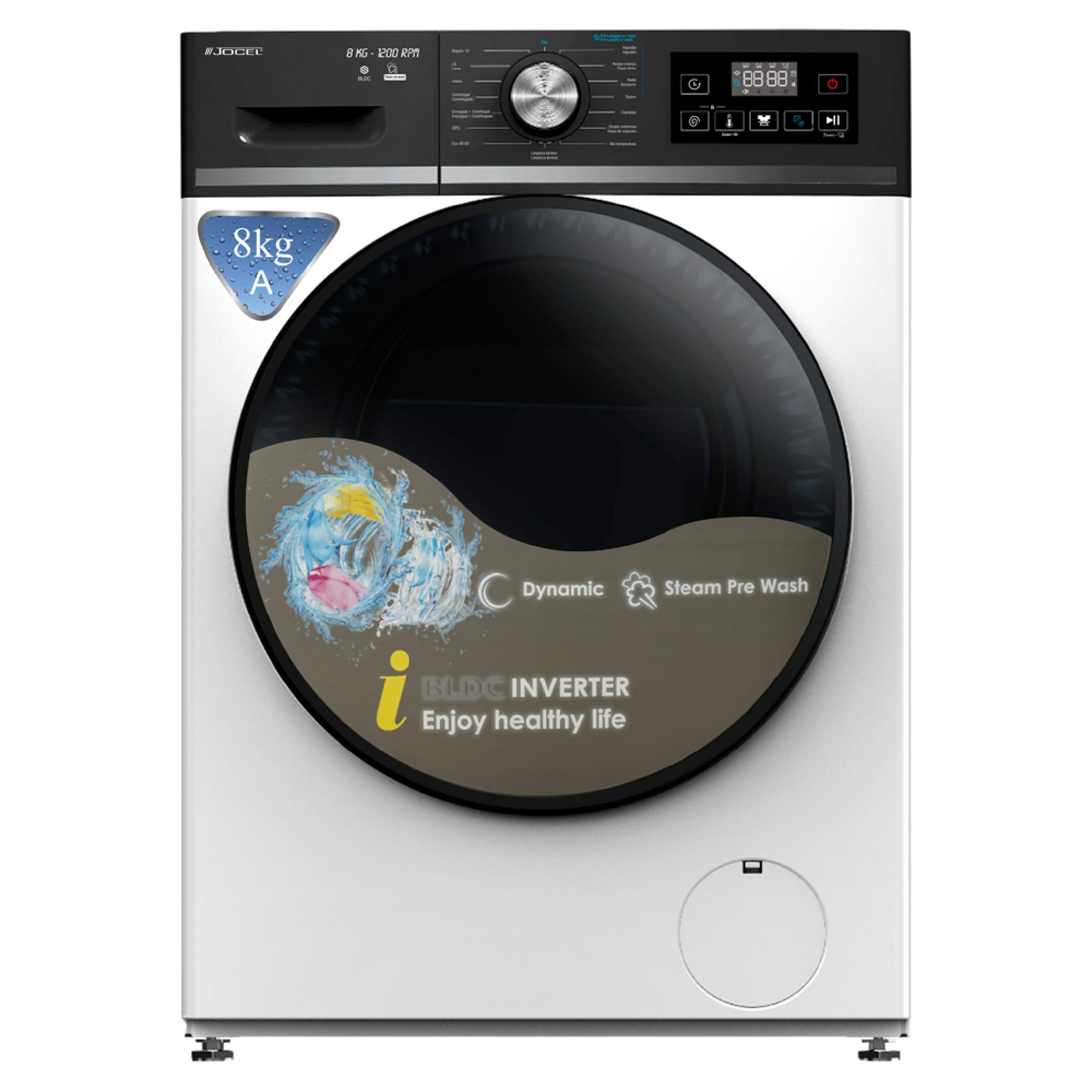 Lavadora blanca con puerta y panel de control negros. Capacidad 8kg.