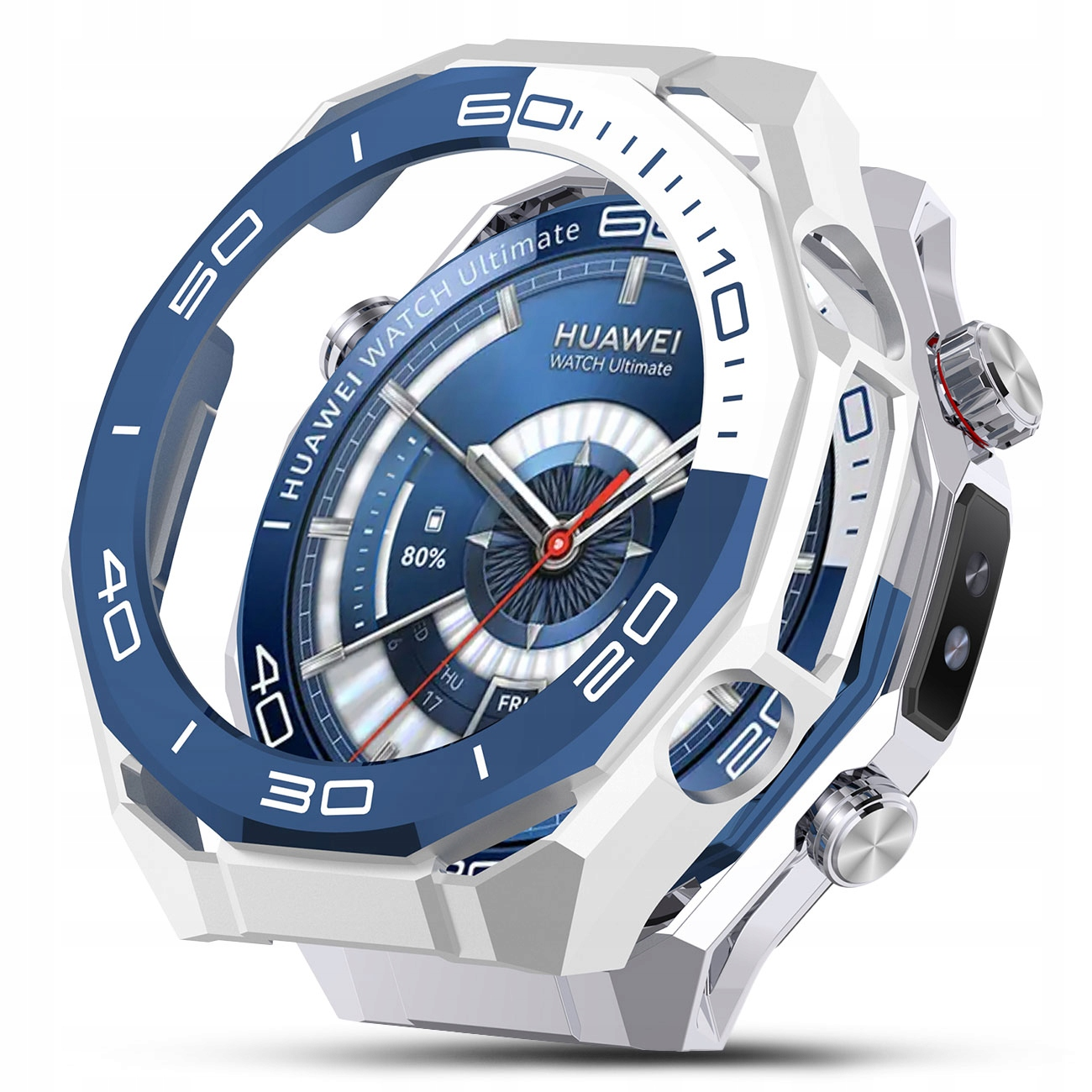 Huawei Watch Ultimate z niebieską tarczą i białym etui.