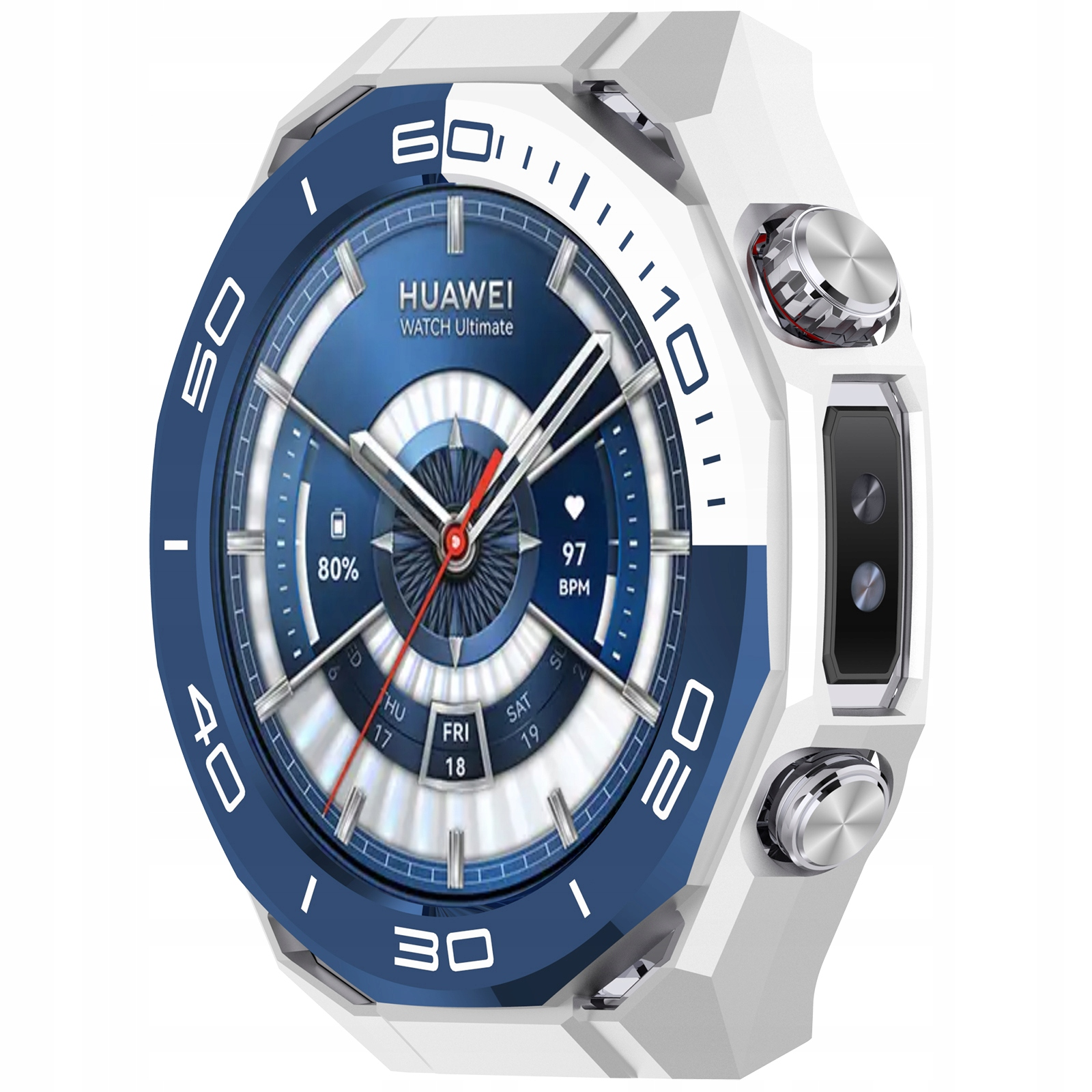 Biały i niebieski smartwatch Huawei ze srebrnymi przyciskami. Tarcza pokazuje 80% baterii.