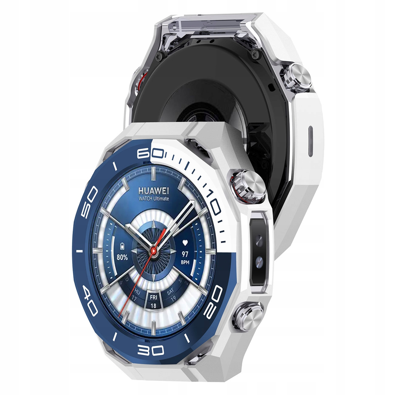 Biały i niebieski smartwatch Huawei z srebrnymi przyciskami i tarczą pokazującą 80% baterii.