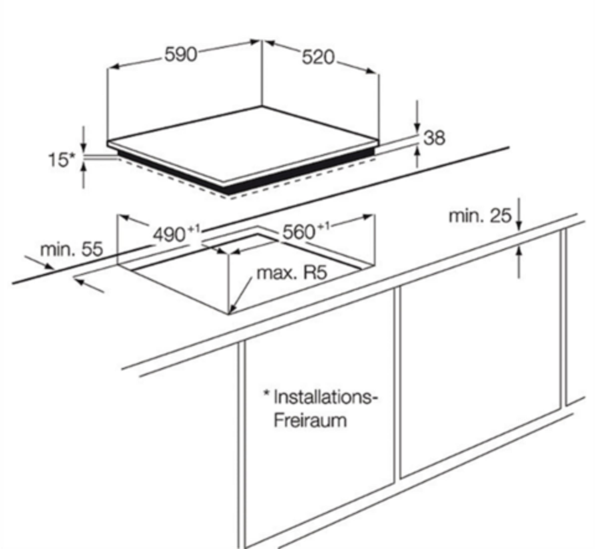 Dibujo de instalación de una placa de cocina con dimensiones.