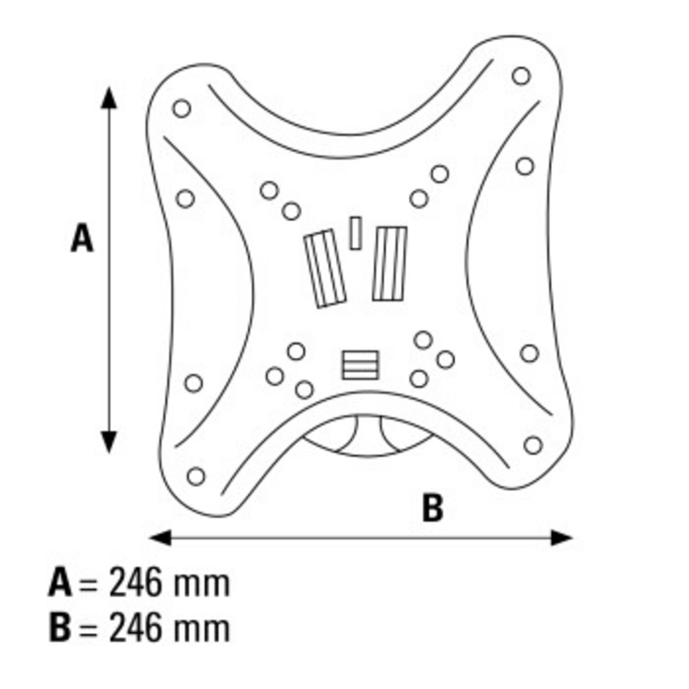 Diagramm einer quadratischen Halterung mit abgerundeten Ecken, die die Maße A und B als 246 mm zeigt.