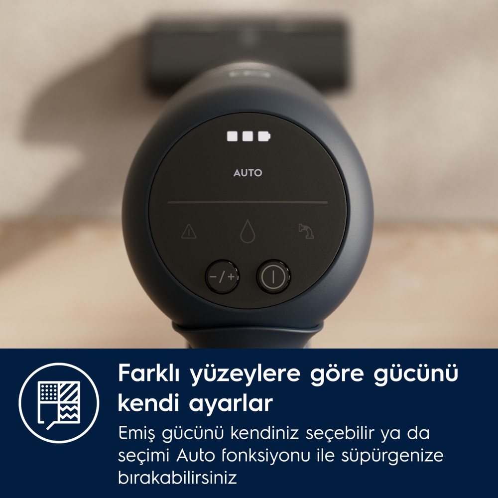 Dunkelblaues Vakuumgriff-Display mit AUTO-Modus, Akkuanzeige und Symbolen.