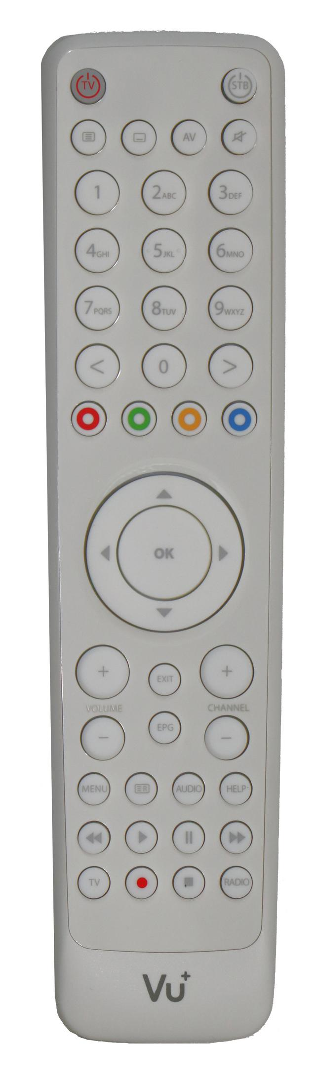 Ein weißes TV-Fernbedienung mit nummerierten Tasten und Navigationskontrollen.