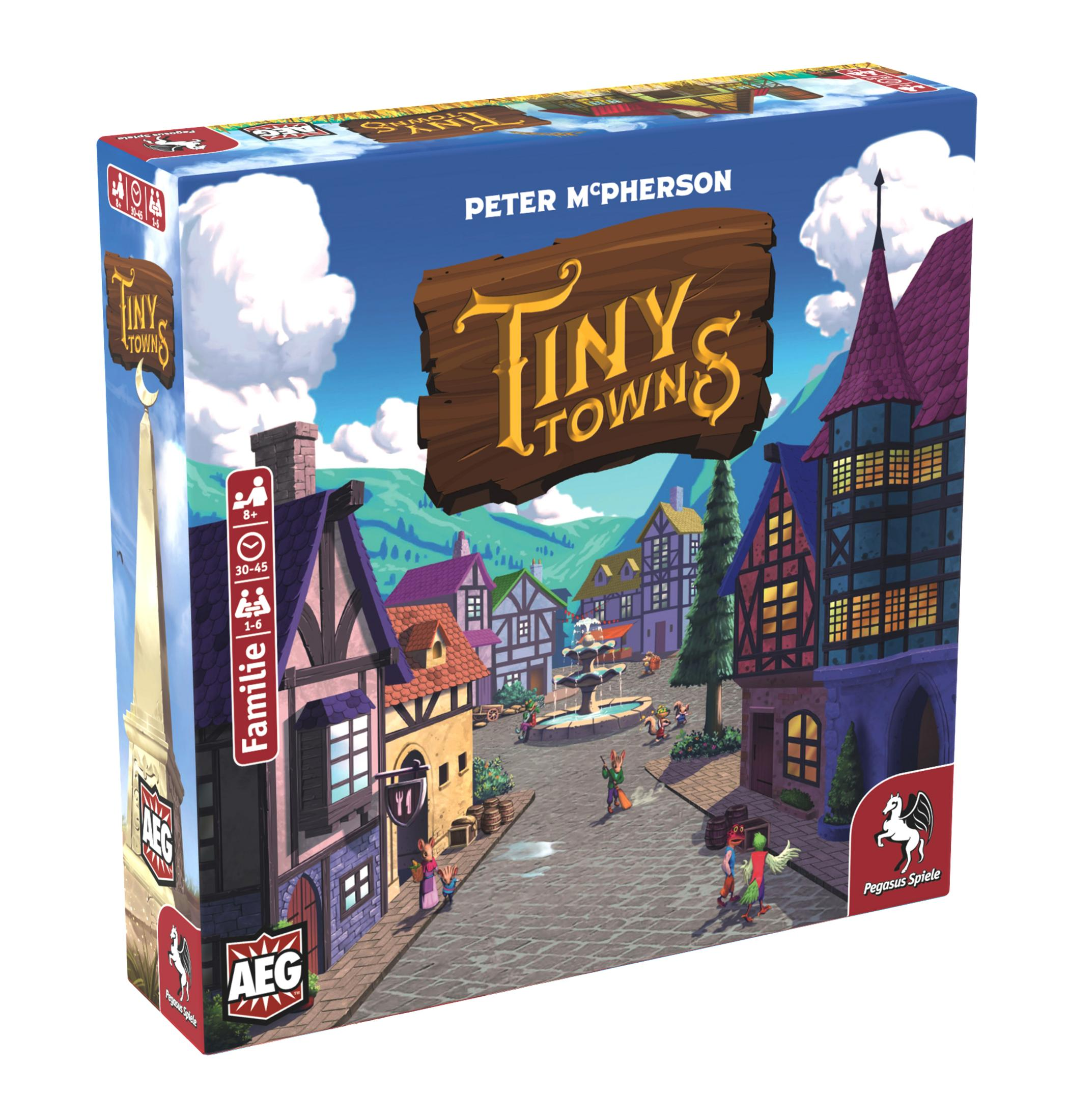 Brettspiel-Box mit mittelalterlicher Stadt und Figuren im Comic-Stil.
