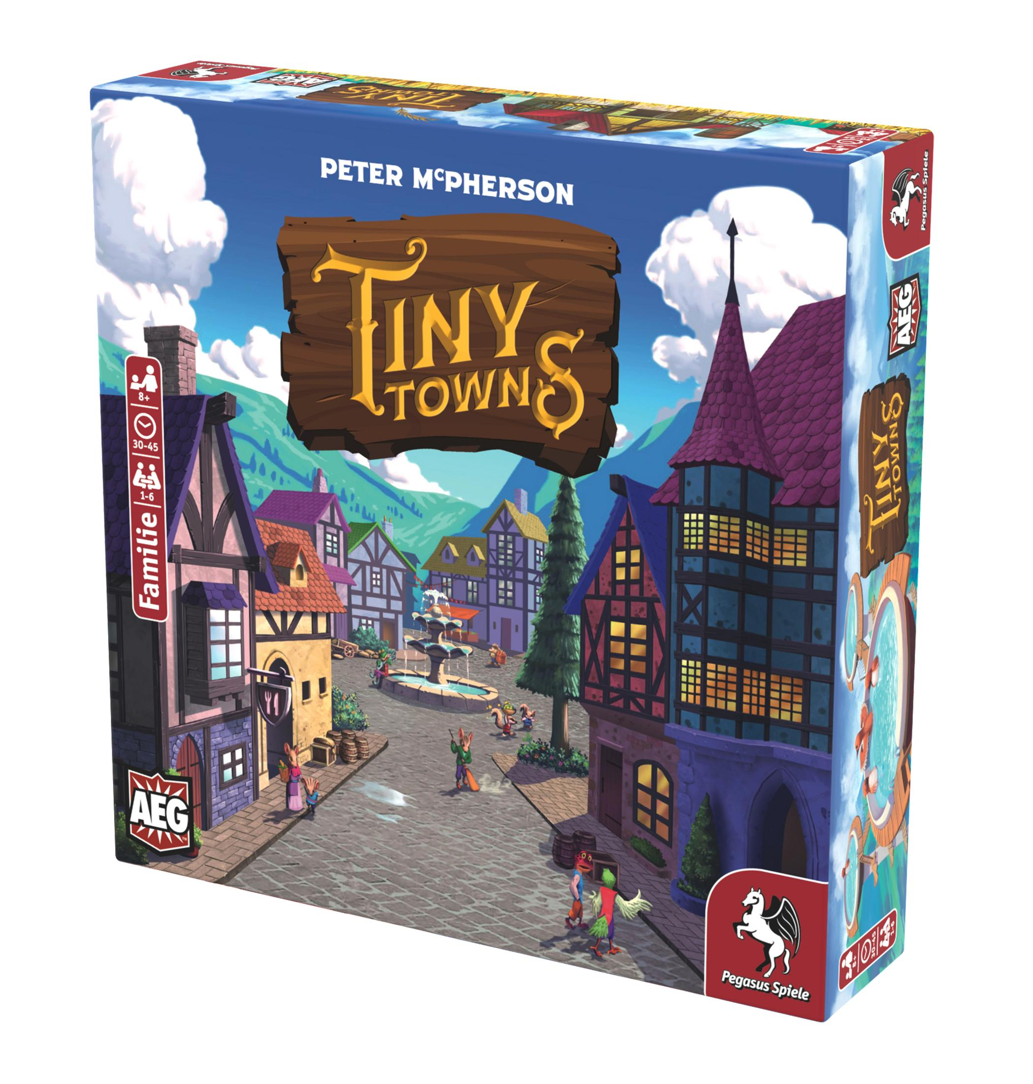 Brettspielbox mit einer mittelalterlichen Stadt, Comicfiguren und Bergen.