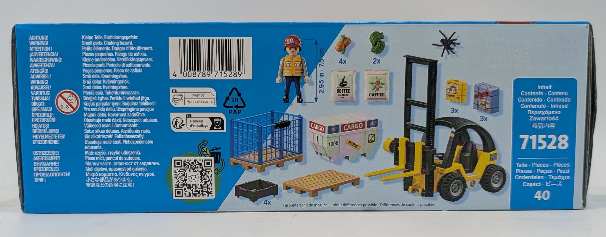 Confezione Playmobil con carrello elevatore, figure, casse e sacchi caffè.