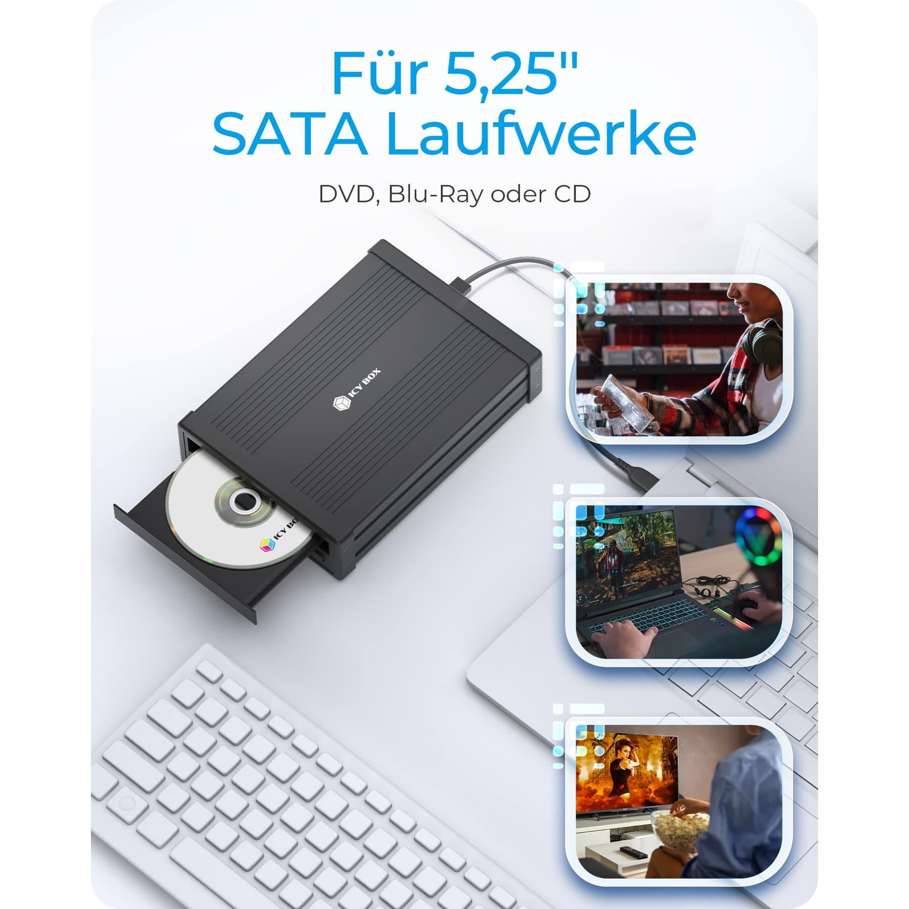 Schwarzes Laufwerksgehäuse mit CD, Tastatur und drei Anwendungsszenarien.