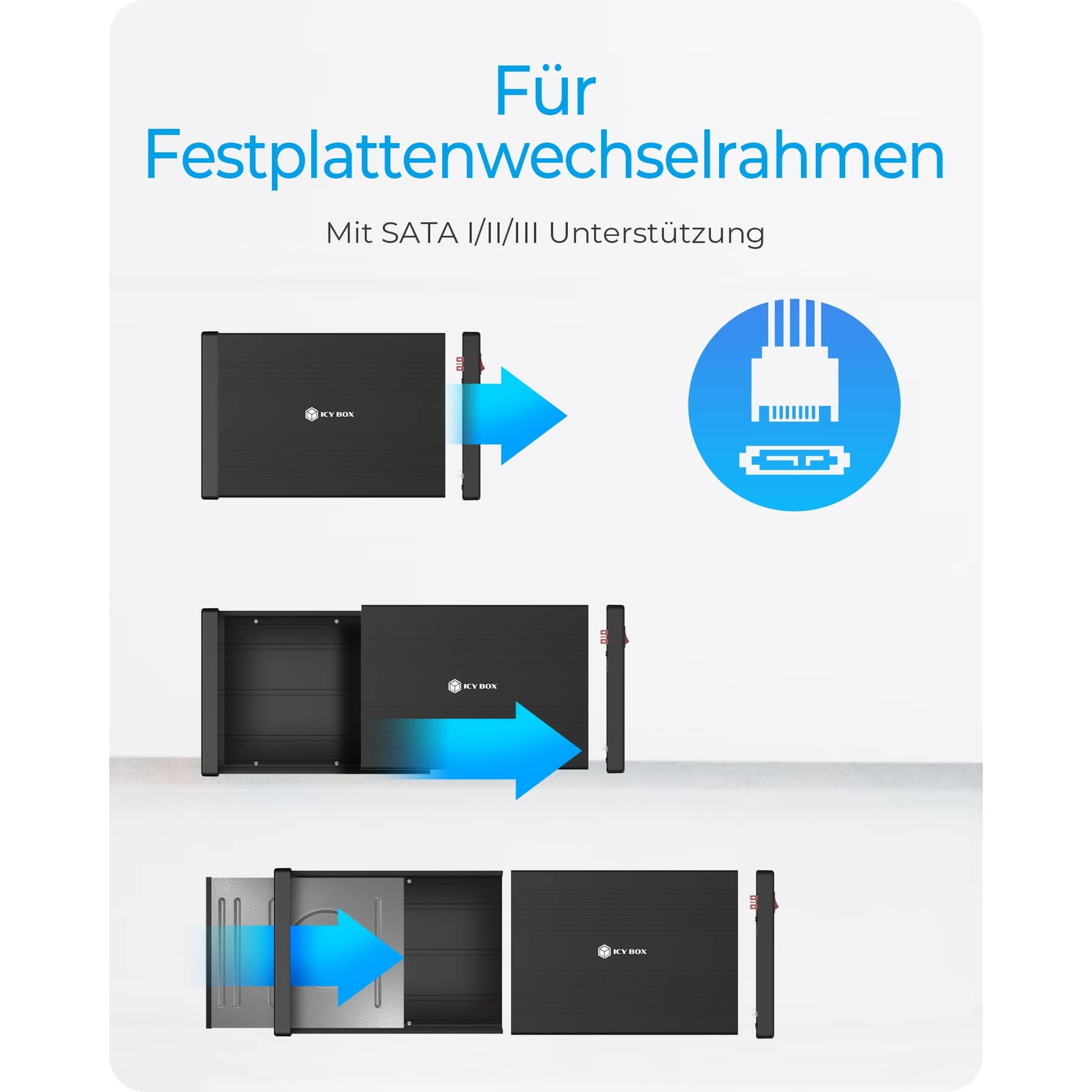 Schwarzer Festplattenrahmen für SATA I/II/III mit Installationsanleitung.