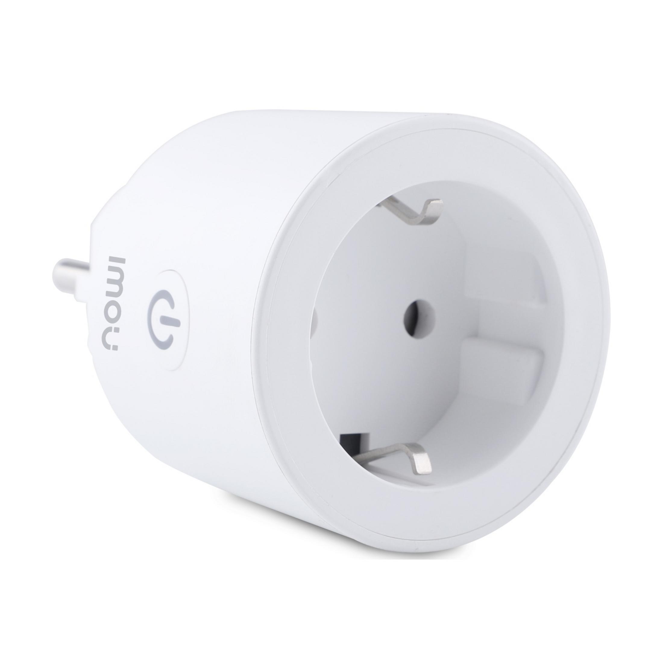 Ein weißer Smart-Stecker mit einem Netzschalter-Symbol.
