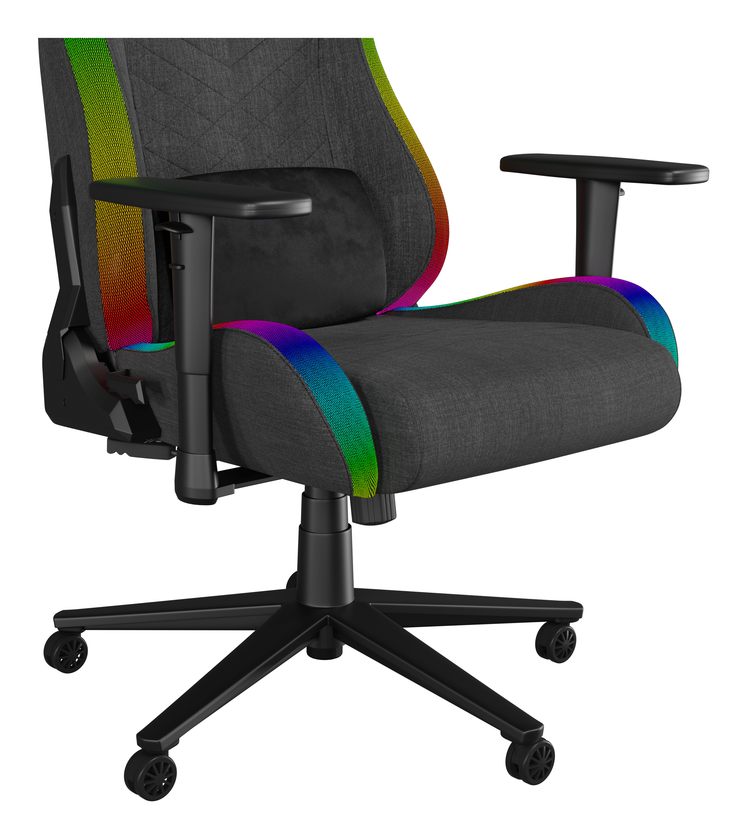 Ein grauer Gaming-Stuhl mit Regenbogenakzenten und schwarzen Armlehnen und Rädern.