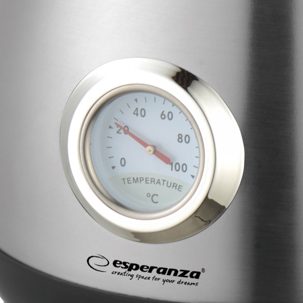 Un termometro mostra 20°C su un dispositivo argentato con il logo Esperanza.