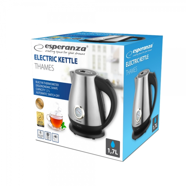 Confezione di un bollitore elettrico argentato con manico nero e termometro.