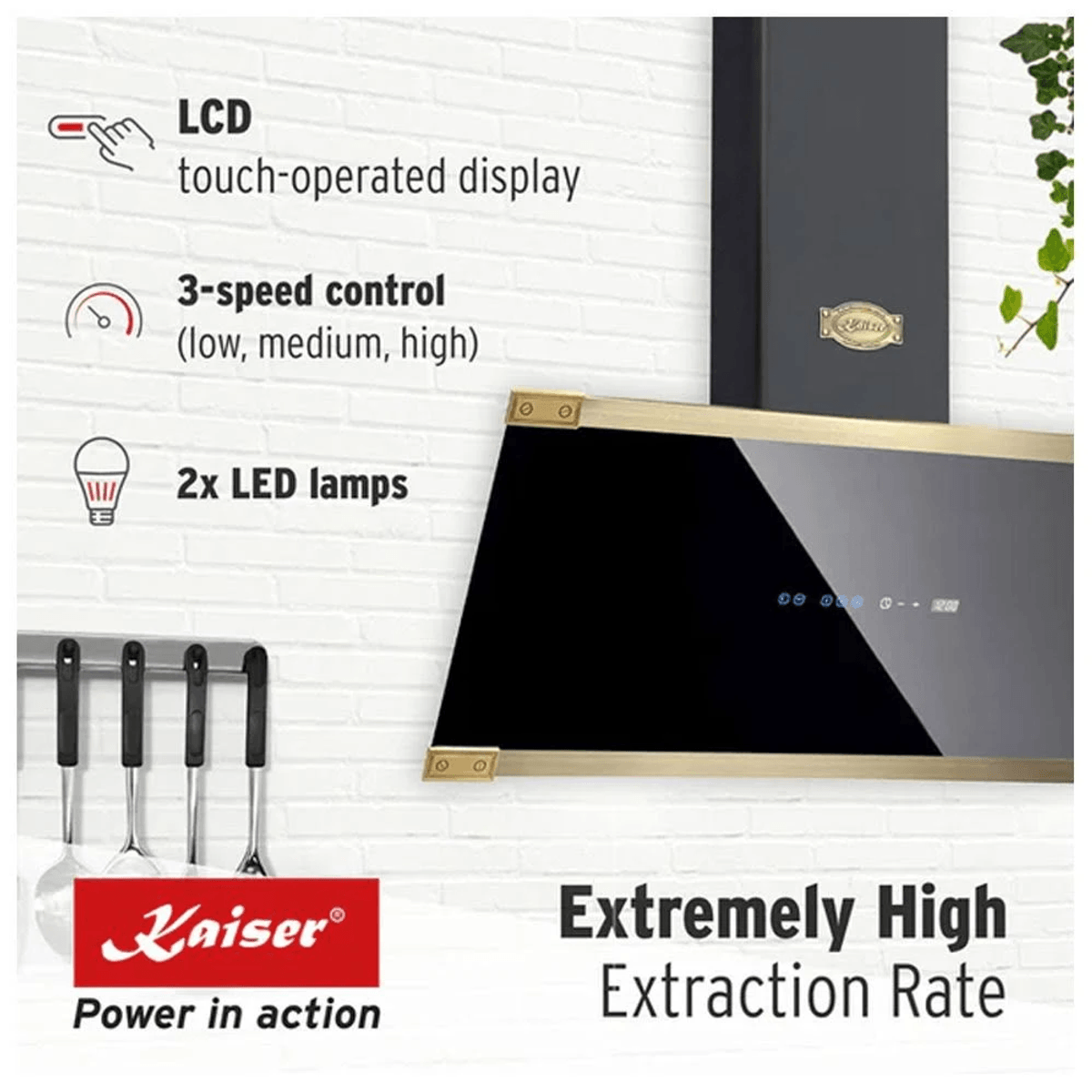 Elegante campana extractora con pantalla táctil, 3 velocidades, 2 luces LED.