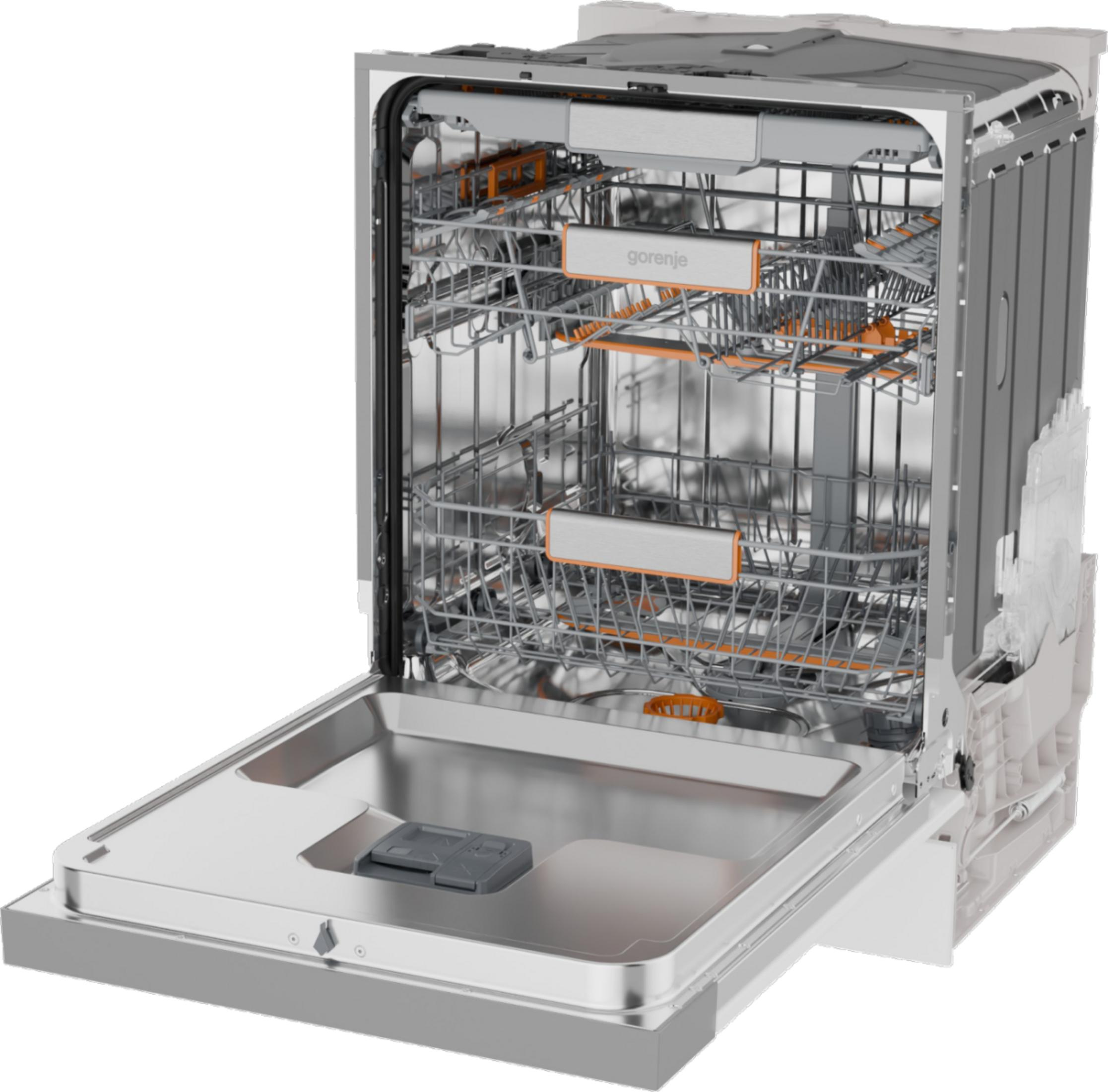 Ein offener Gorenje-Geschirrspüler mit silbernen Körben und orangefarbenen Akzenten.