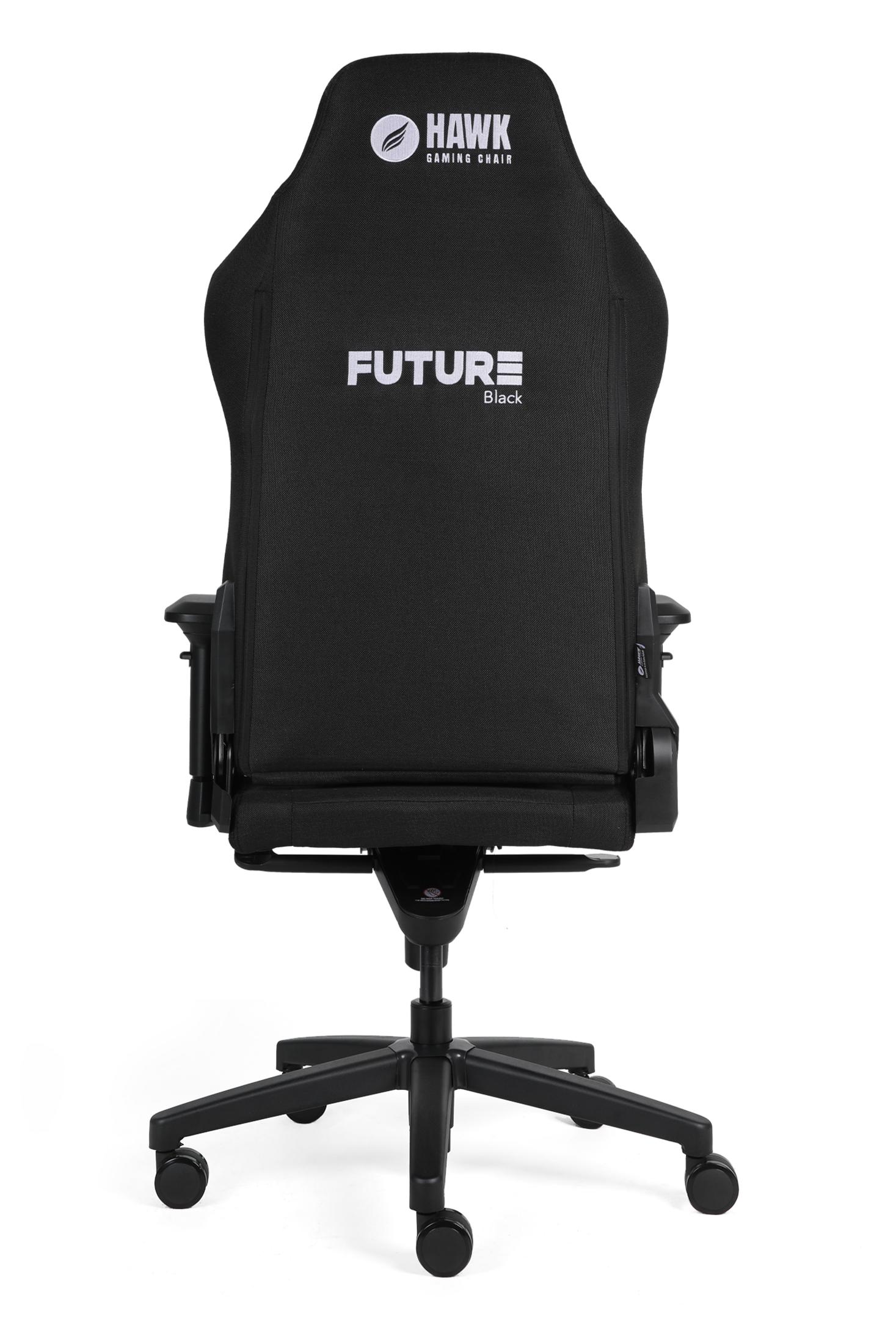 Beyaz HAWK logosu ve FUTURE yazısı olan siyah oyuncu koltuğu.