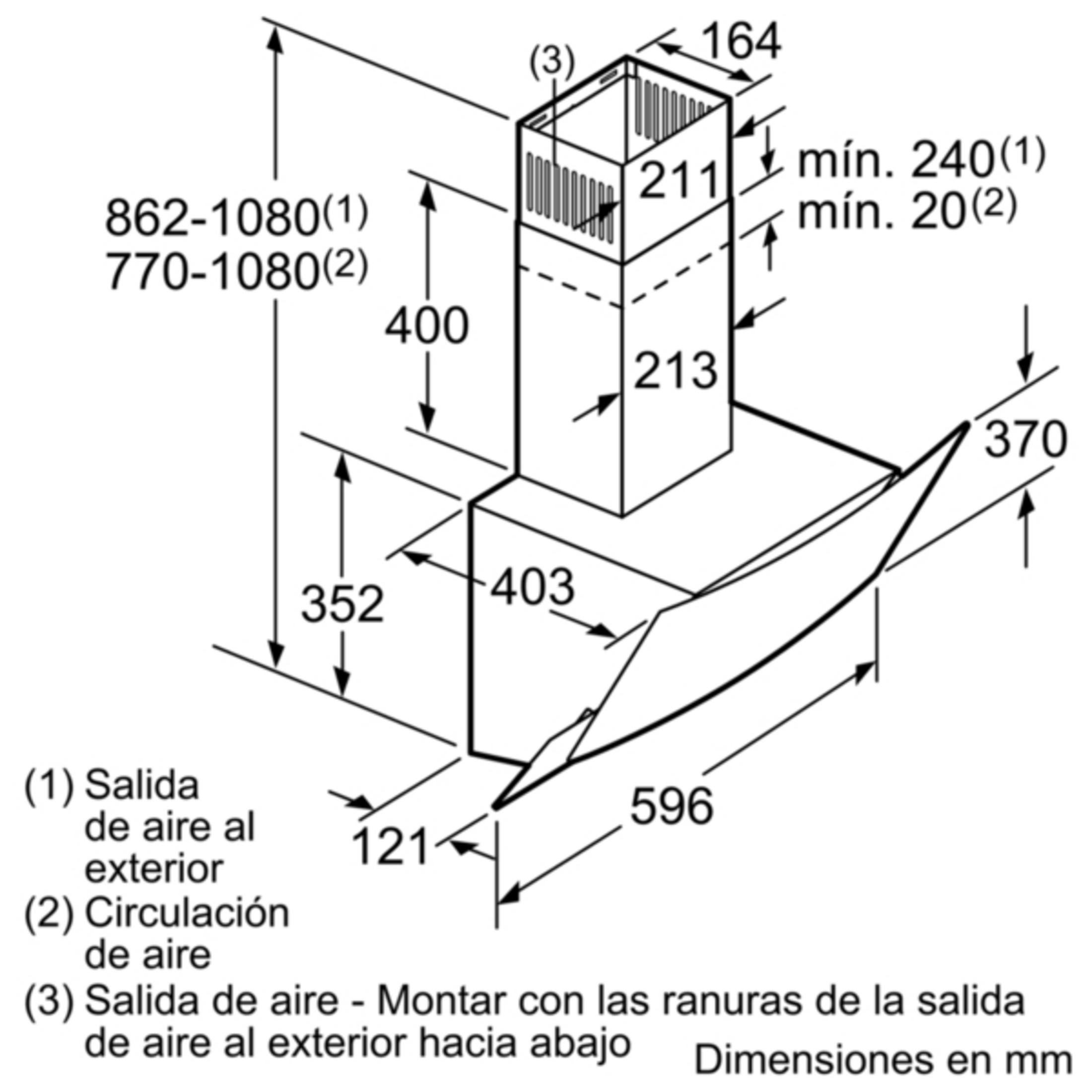 Dibujo técnico de una campana extractora con dimensiones en mm.